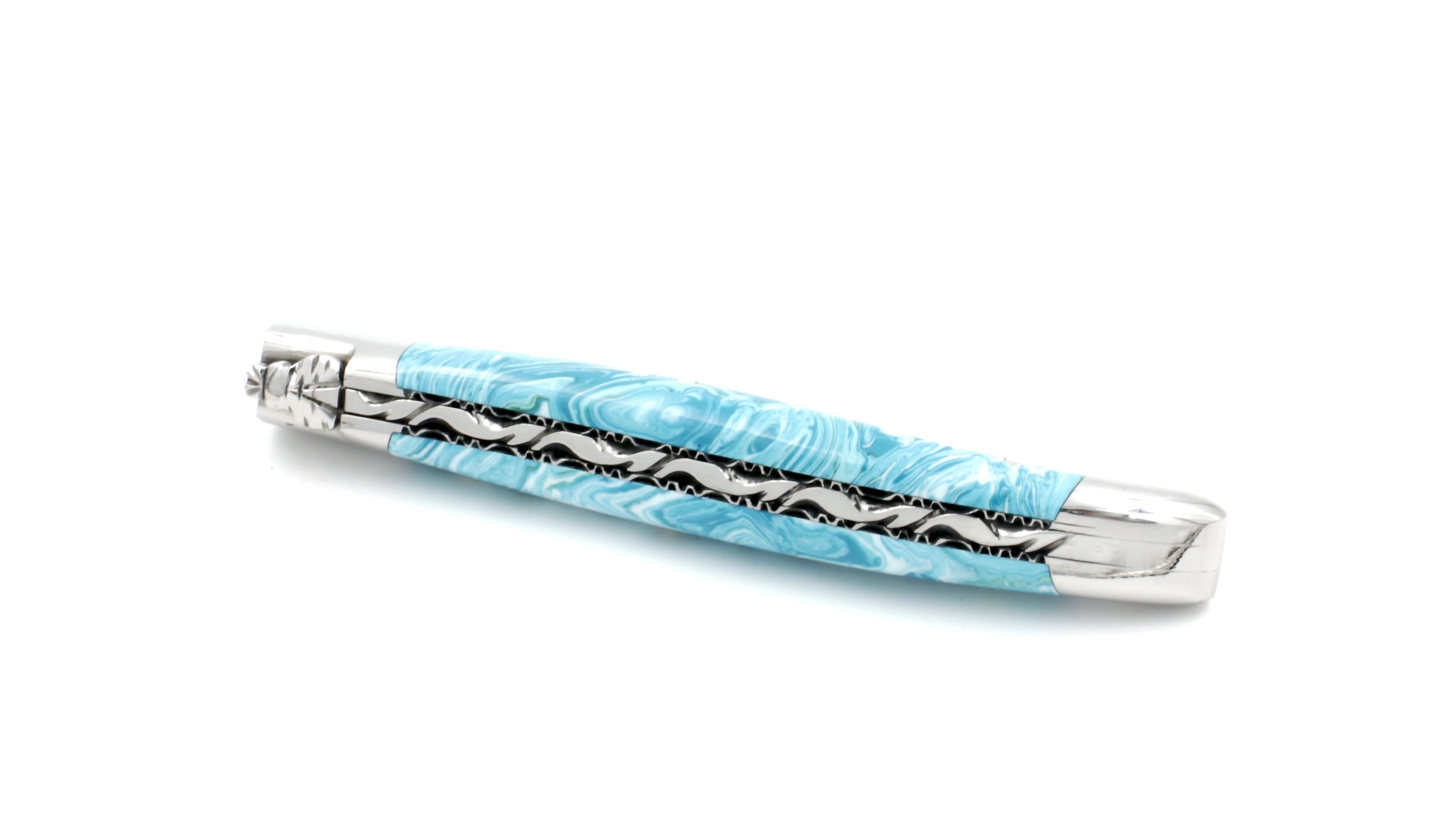 Laguiole en Aubrac knife jap. damascus turquoise stabilized stone with chiseled plates 12 cm