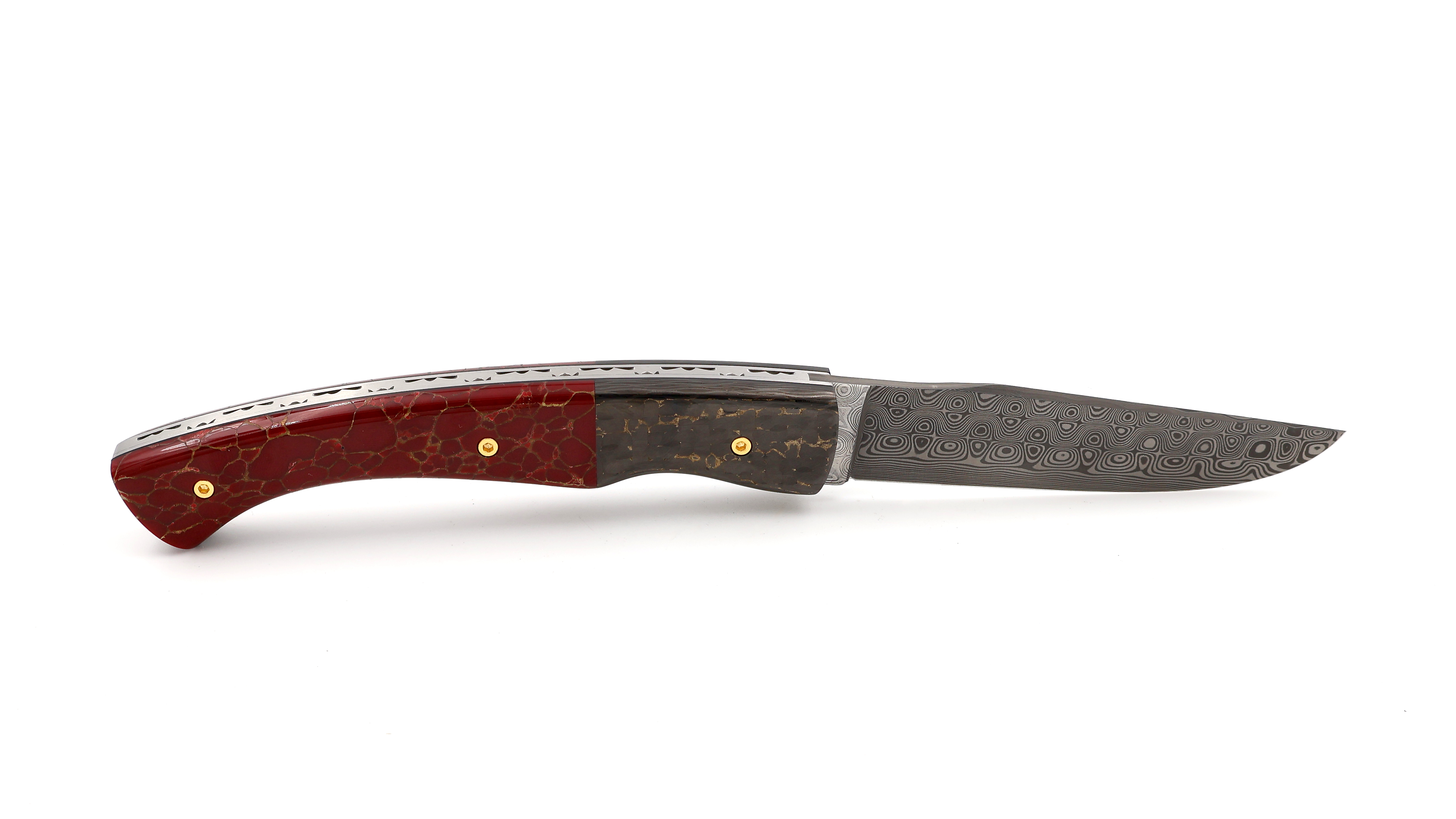 KLEOS folding knife LYKOS FAT Carbon and red stone rose damascus