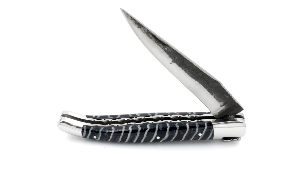 Laguiole en Aubrac double plate knife Brut de Forge Mammoth molar blue 12 cm
