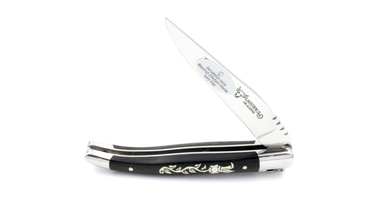 Laguiole en Aubrac ebony with ivory flower diamant 10 cm