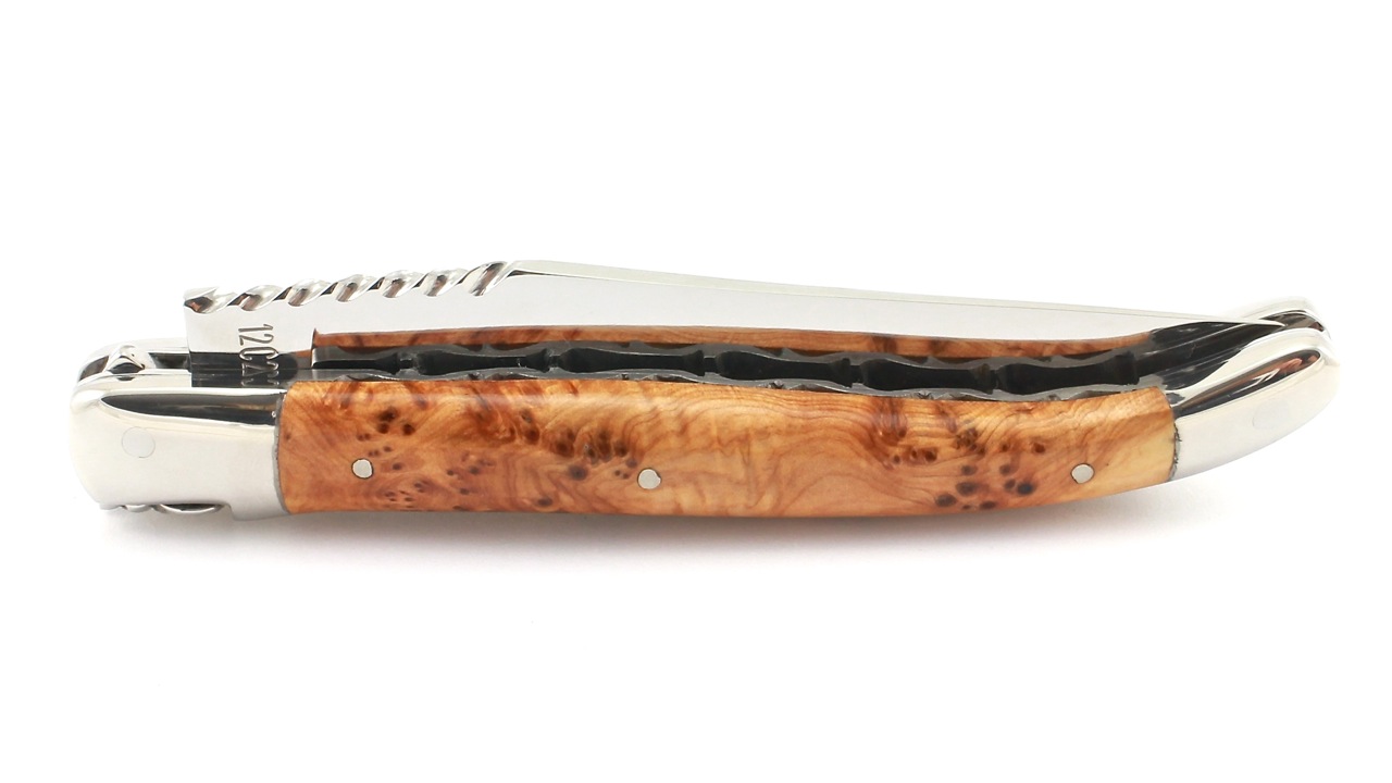 Wacholder-Spiralfeder-poliert-3 Laguiole en Aubrac double plate knife Spiral spring Juniper shiny 12 cm