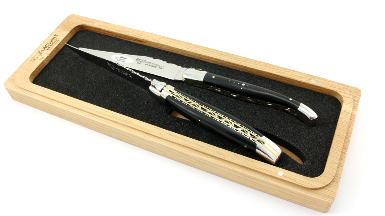 Steakmesser-DP-Ebenholz-poliert-2 Laguiole en Aubrac Laguiole Doppelplatinen Steakmesser Ebenholz Set 2-tlg. poliert