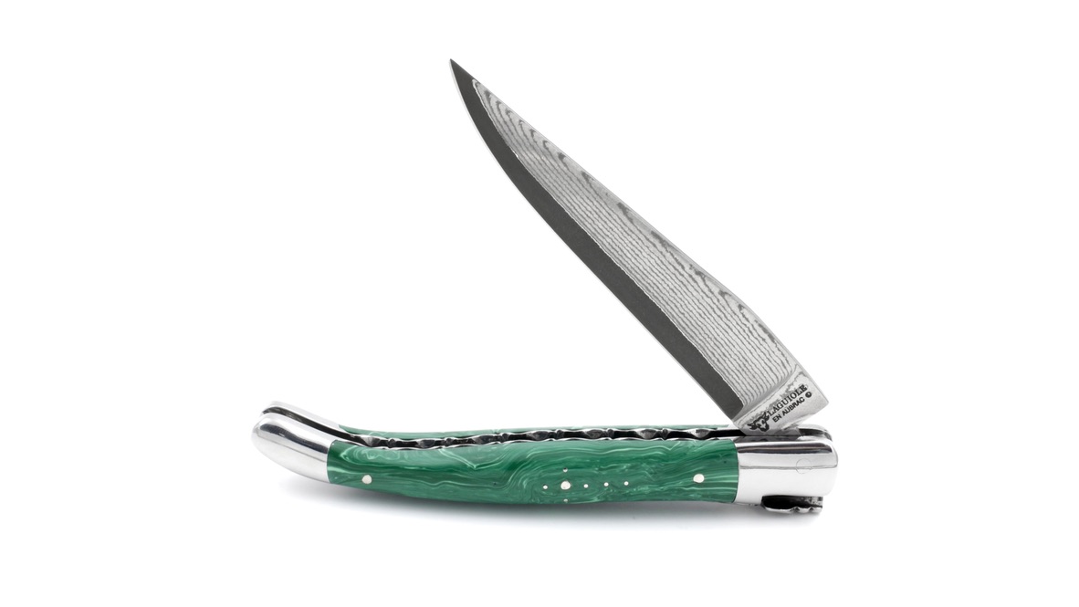 Laguiole en Aubrac knife jap. damascus Malachit with chiseled plates 12 cm