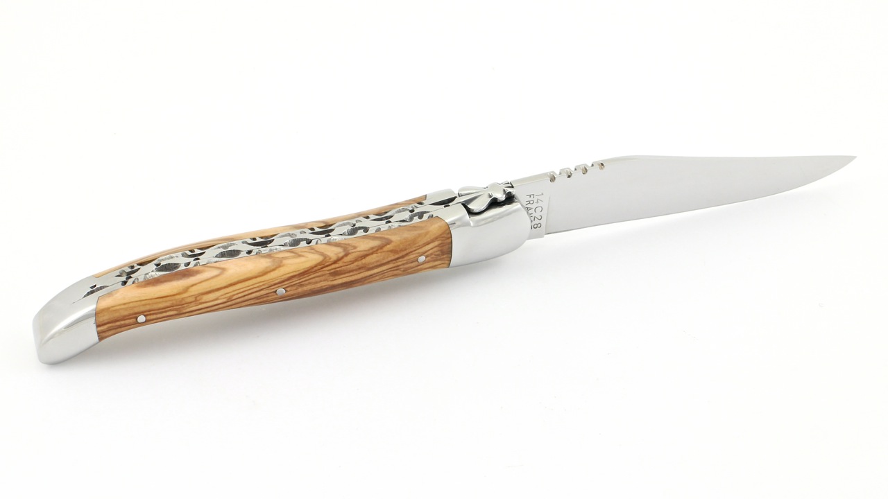 Honoré Durand Laguiole knife Prestige doubleplates Olive wood shiny 14C28 12 cm