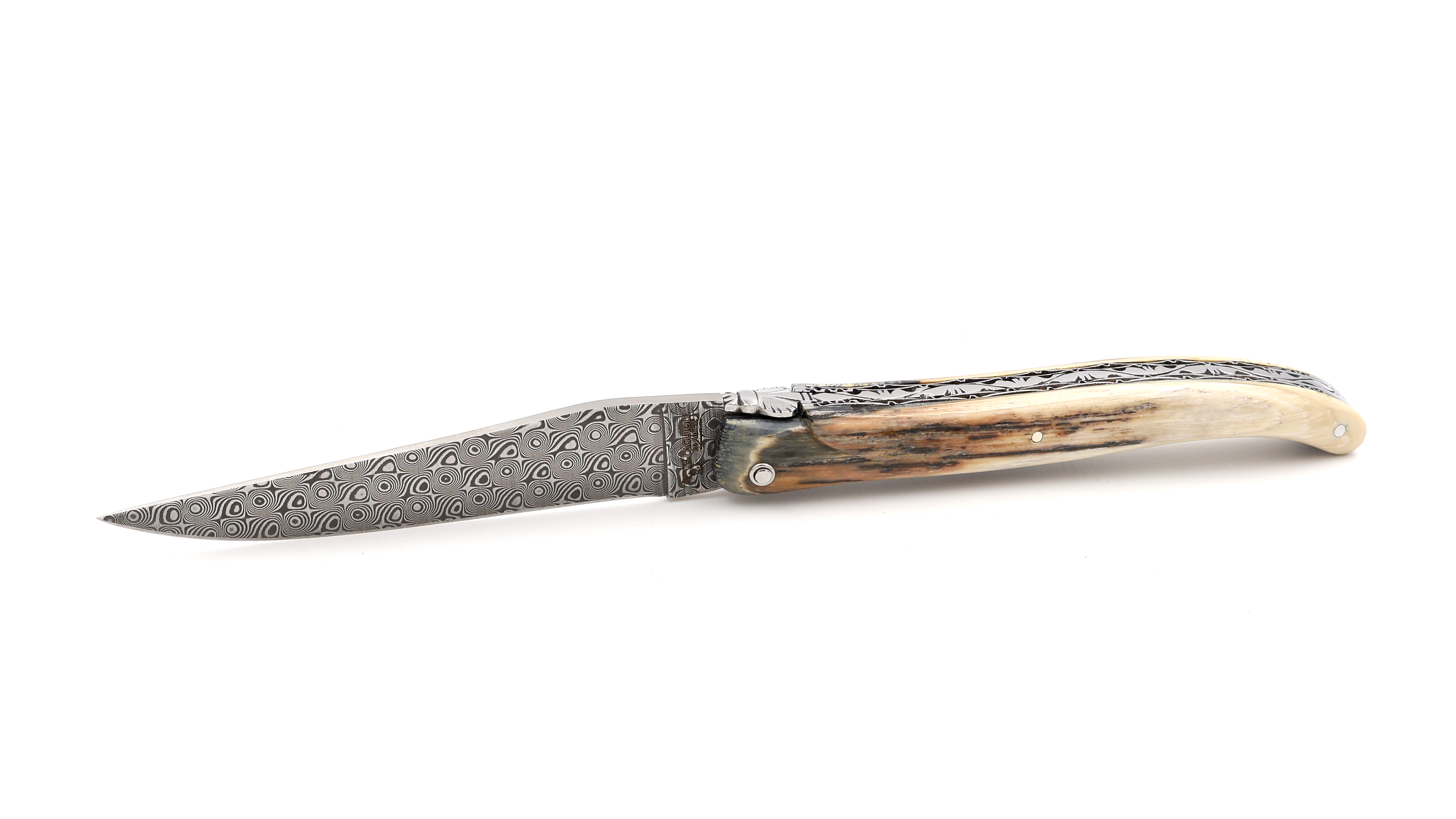 Laguiole en Aubrac double plates knife DSC® Rose Damascus full handle Mammoth ivory crust 12 cm