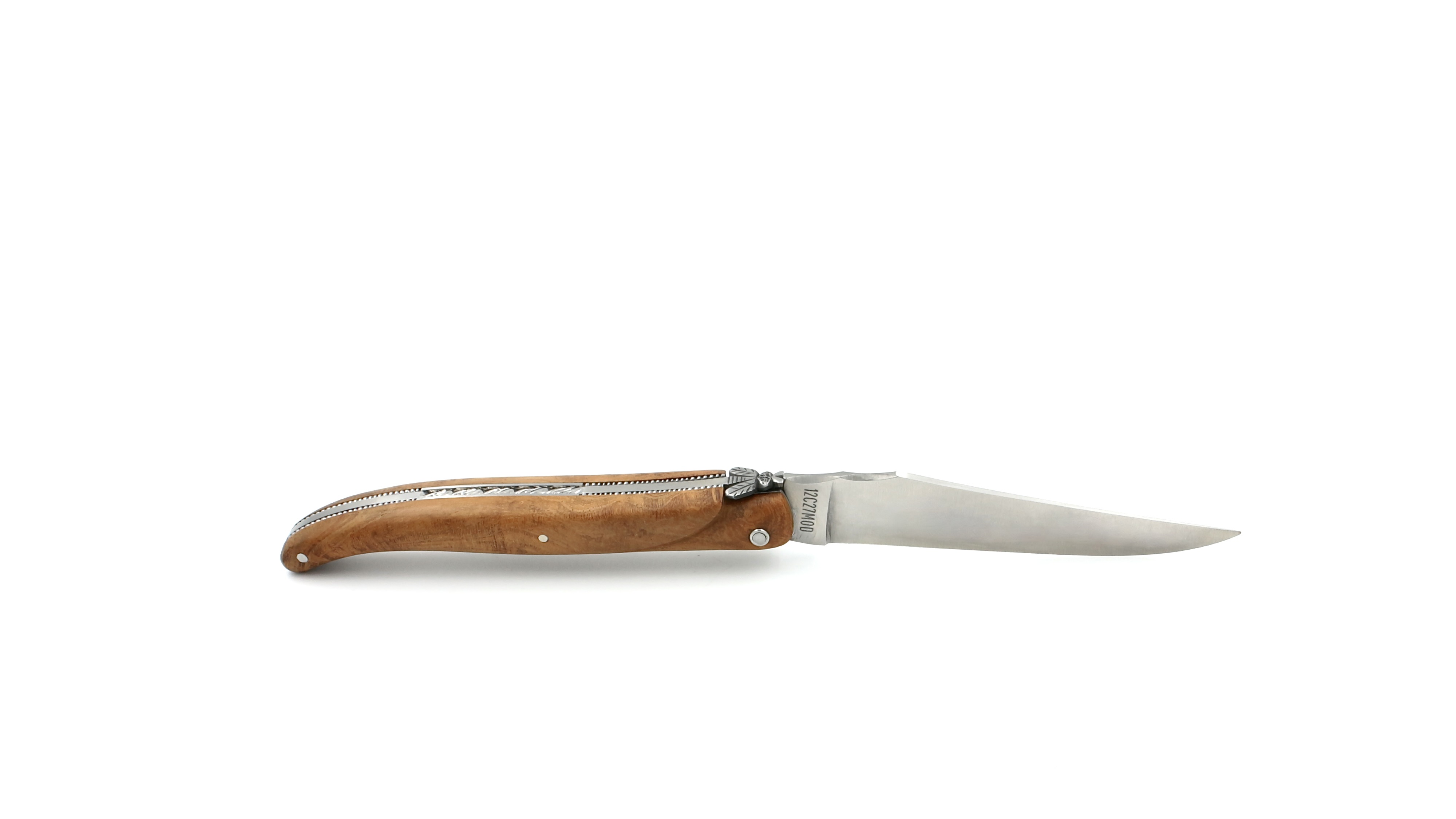 Laguiole en Aubrac teak wood pearl full handle chisled plates 12 cm