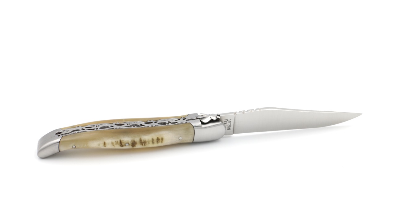 Honoré Durand Laguiole knife Prestige doubleplates Ram horn 14C28 12 cm