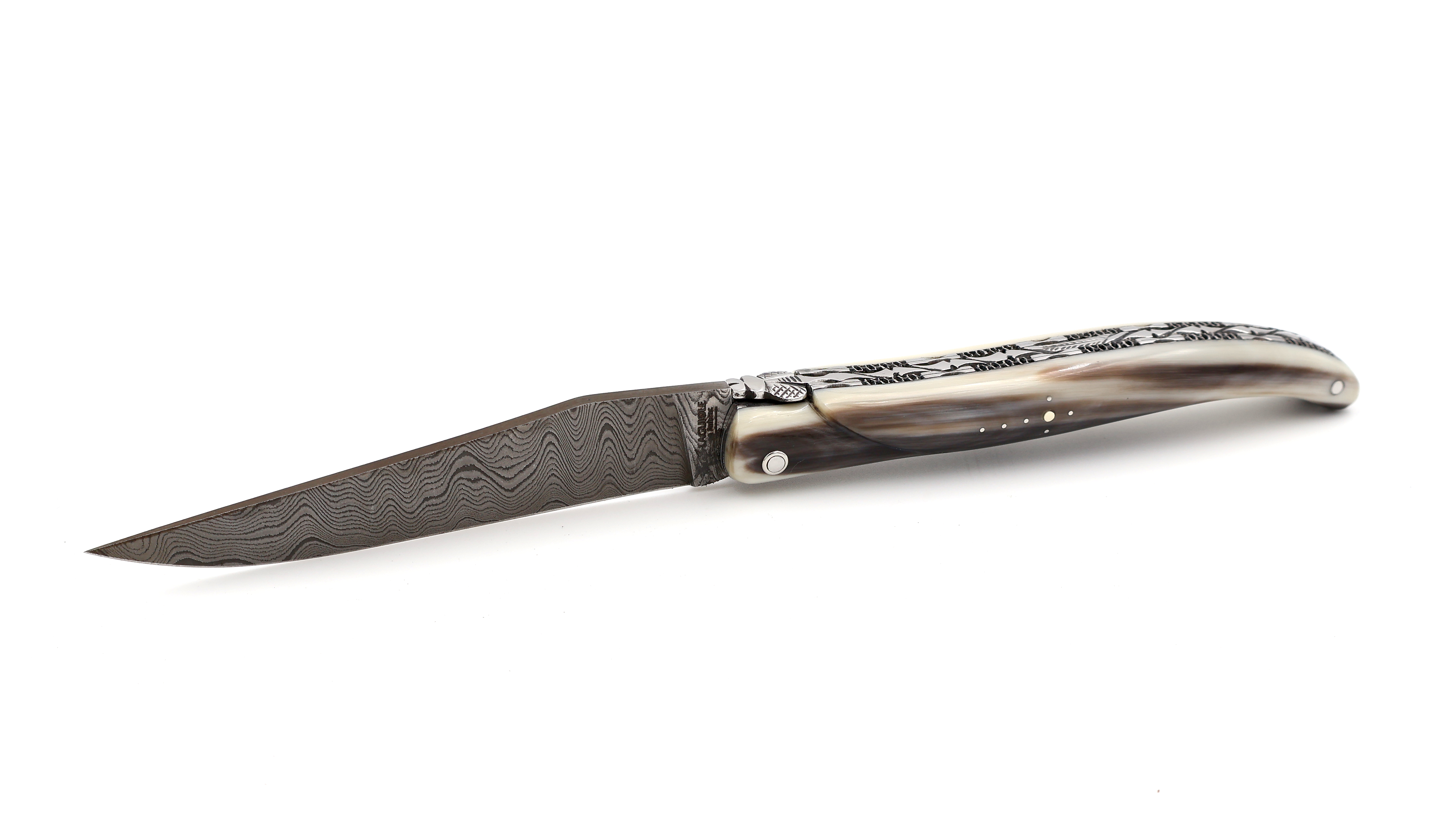 Laguiole en Aubrac double plates knife full handle horntip 12 cm damascus