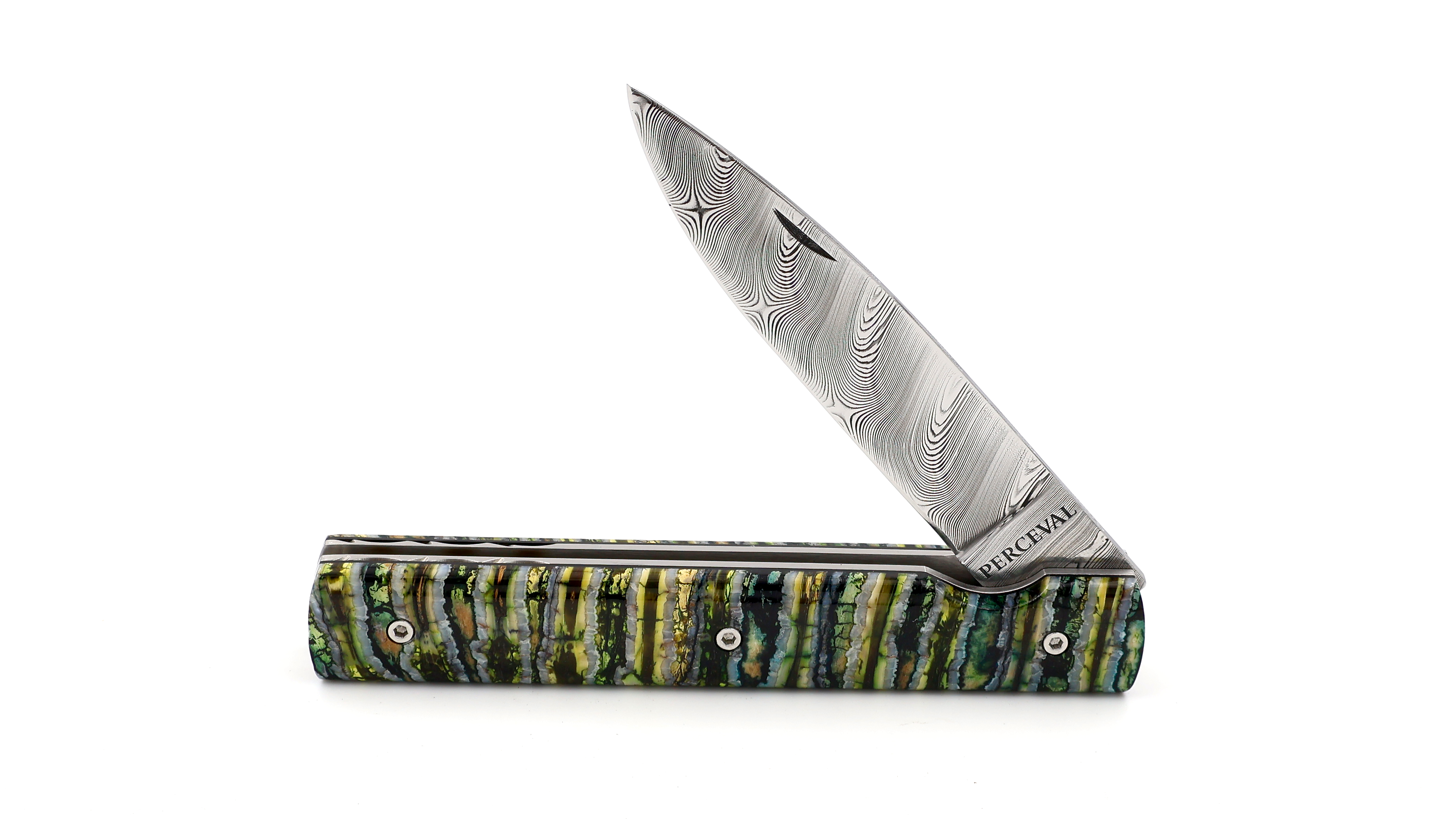 PERCEVAL Le Francais green Mammoth tusk with guillochage damascus blade