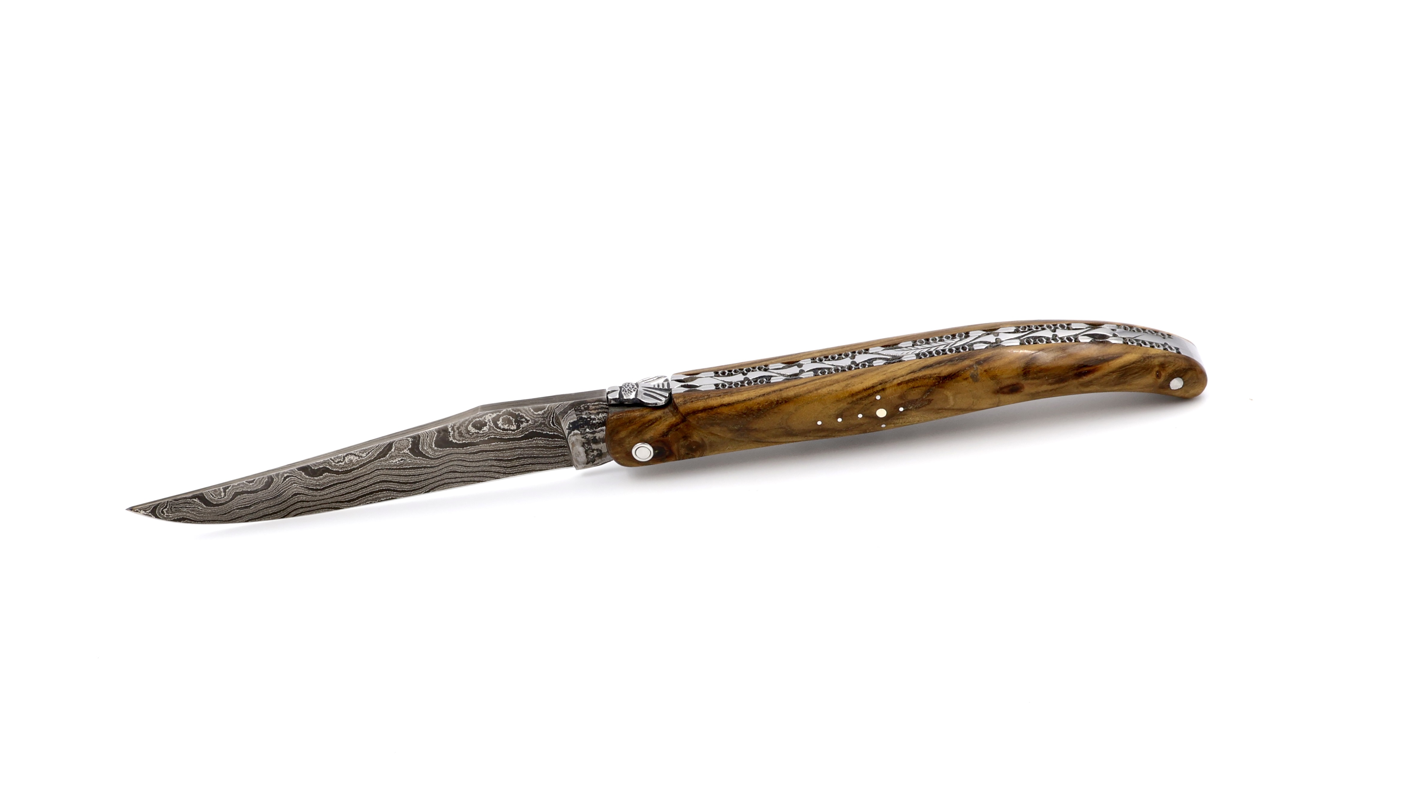 Laguiole en Aubrac double plates knife full handle Pistazio wood 12 cm damascus shiny