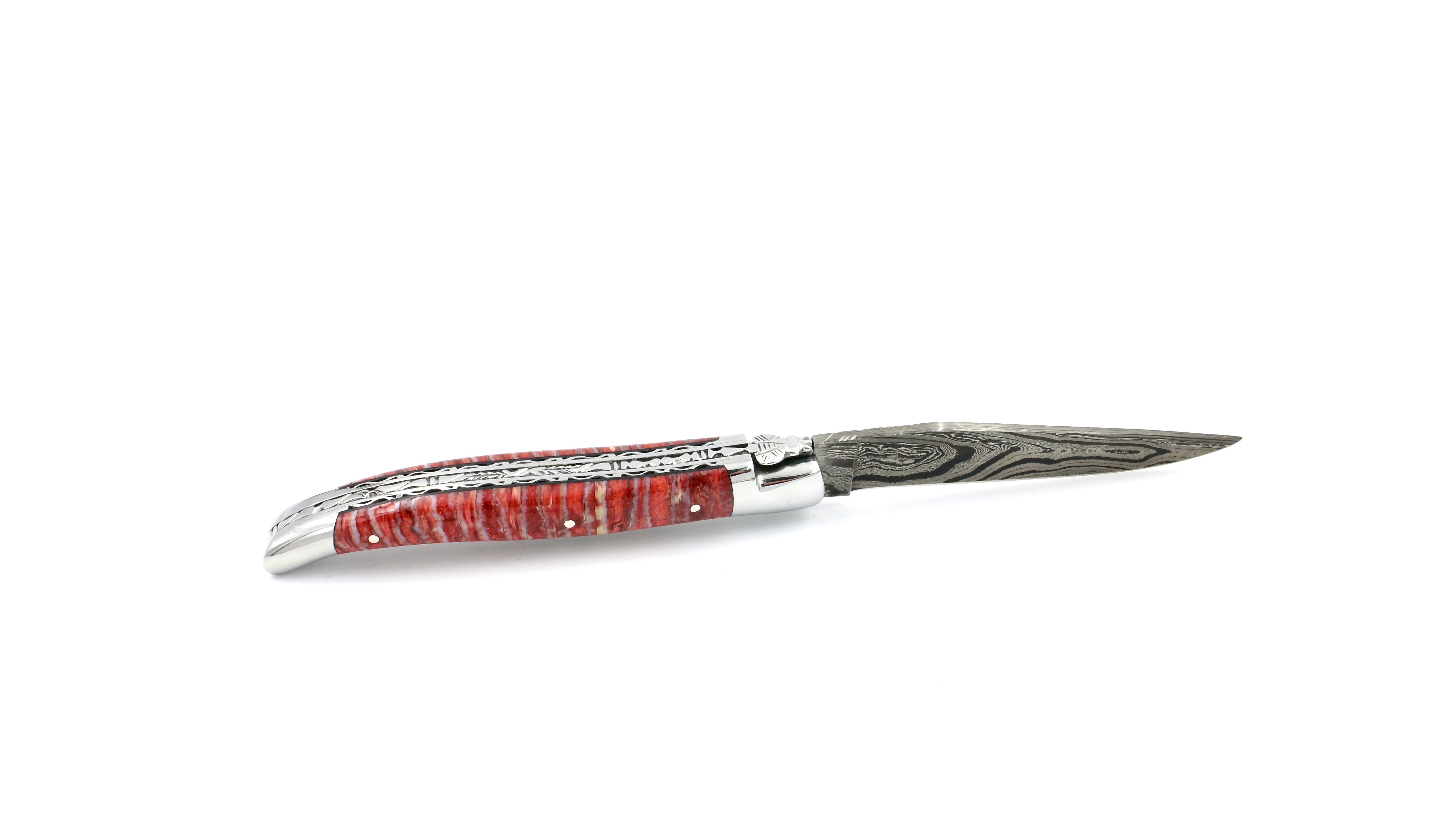 Laguiole en Aubrac double plate knife damascus mammoth tusk red 12 cm