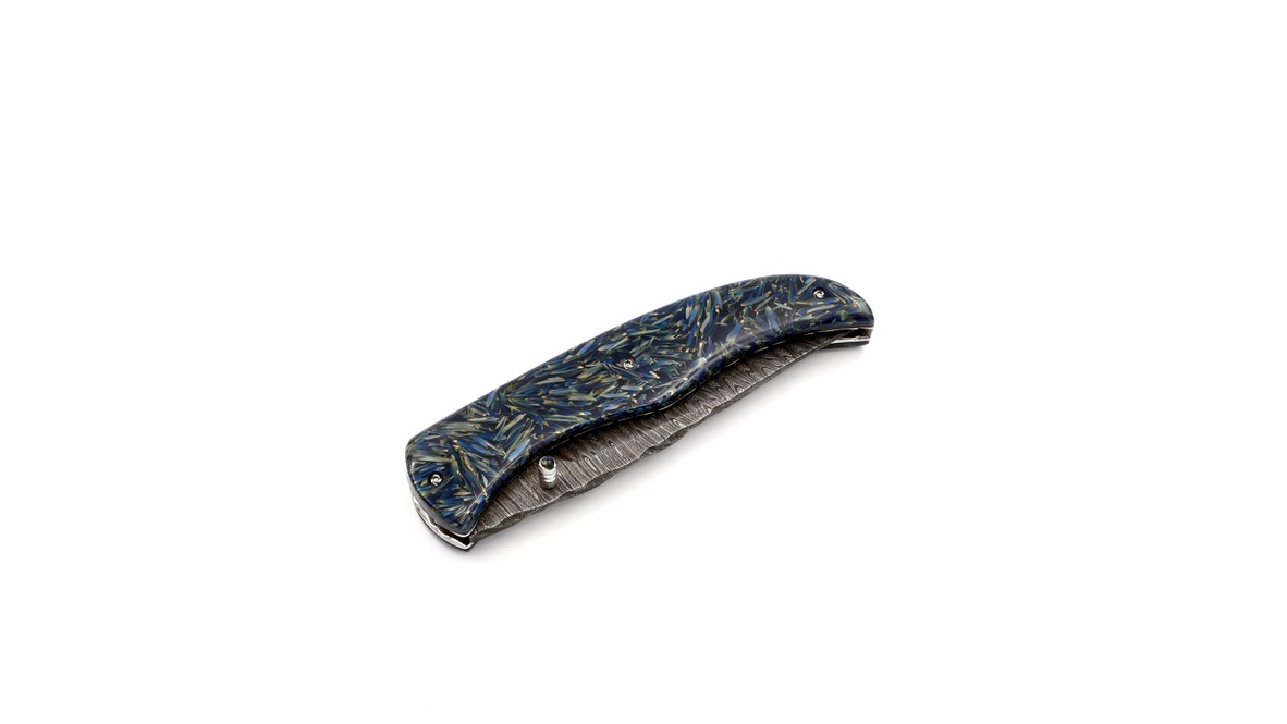Olivier Moretti  Linerlock Taschenmesser RIZZ blau Damastklinge