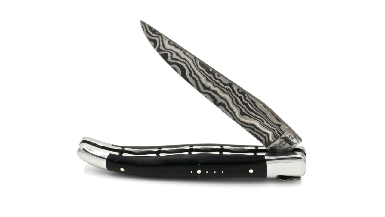 Laguiole en Aubrac double plate knife damascus ebony wood 12 cm