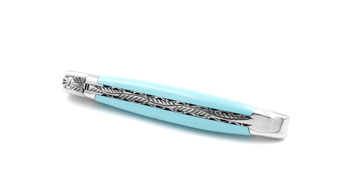 Laguiole en Aubrac knife jap. damascus turquoise stabilized stone with chiseled plates 12 cm