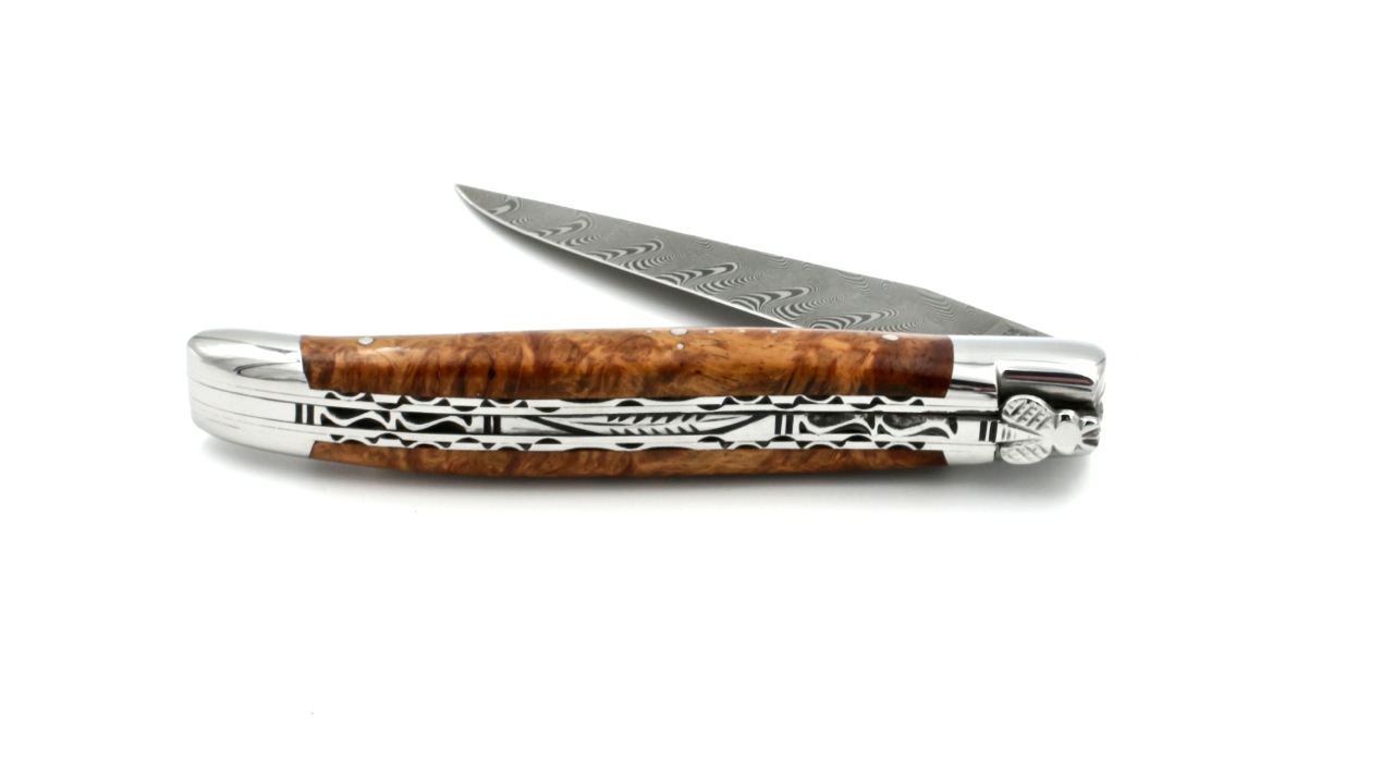 Laguiole en Aubrac damascus amboina burlwood shiny with double plates 12 cm