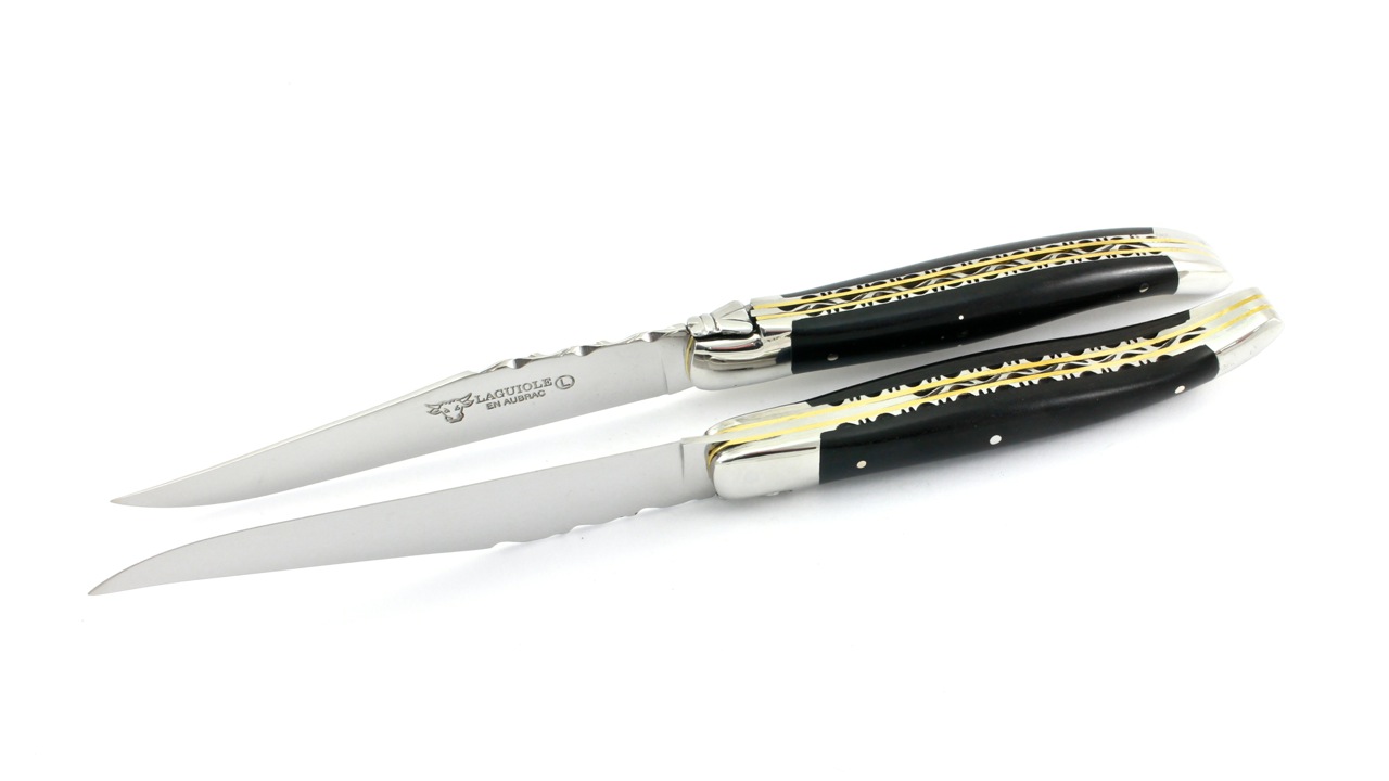 EB-pol-2 Laguiole en Aubrac Laguiole Doppelplatinen Steakmesser Ebenholz Set 2-tlg. poliert