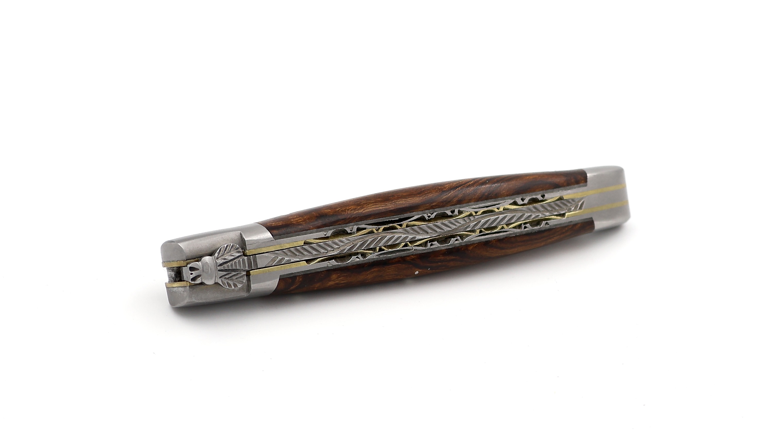 Laguiole en Aubrac double plate knife jap. damascus with brass plates Ironwood 12 cm