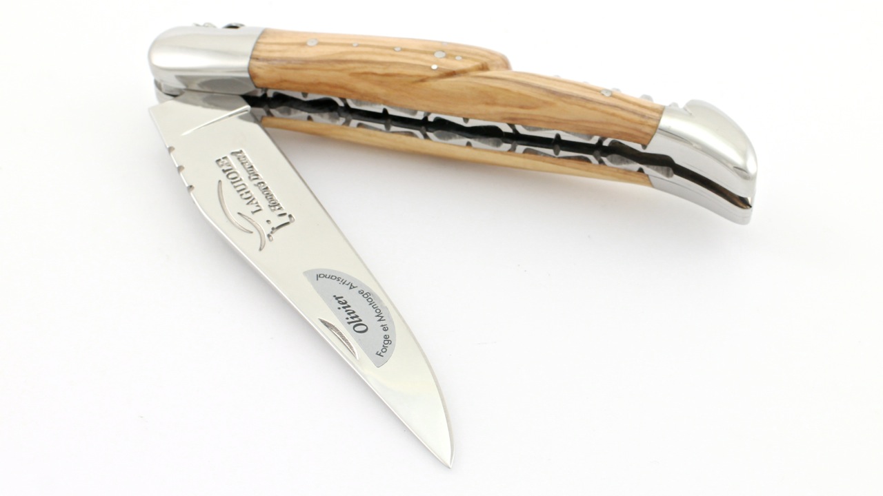 Honoré Durand Laguiole knife Prestige doubleplates with corkscrew Olive wood shiny 14C28 12 cm