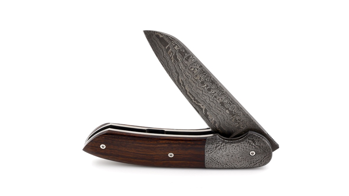 Benjamin Hée Liner-Lock knife ironwood Achim Wirtz damascus 12 cm 