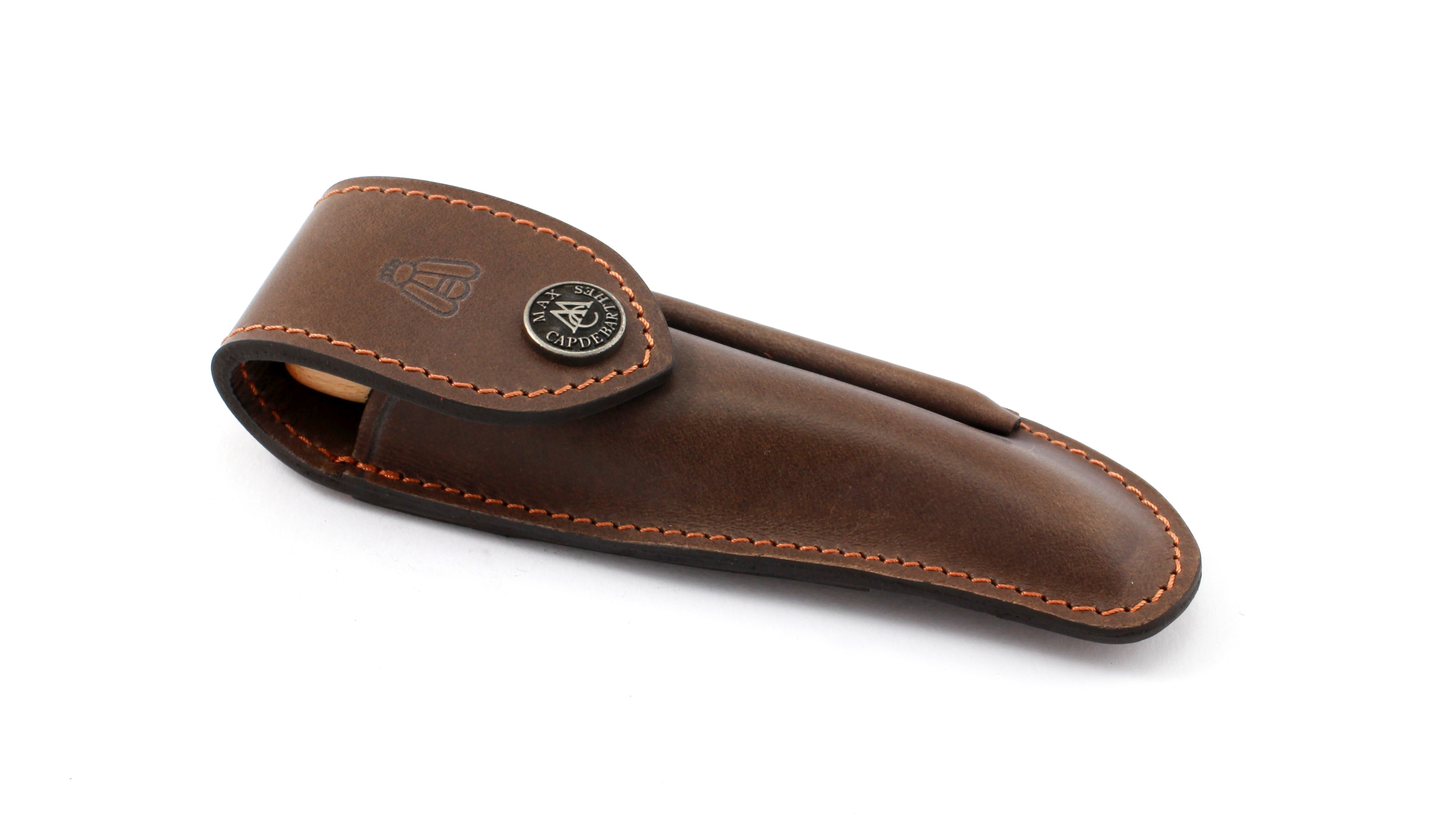 Laguiole-Nature-Fusil-GM-choco MAX CAPDEBARTHES leather sheath with sharpener NATURE FUSIL 11 to 13 cm knives