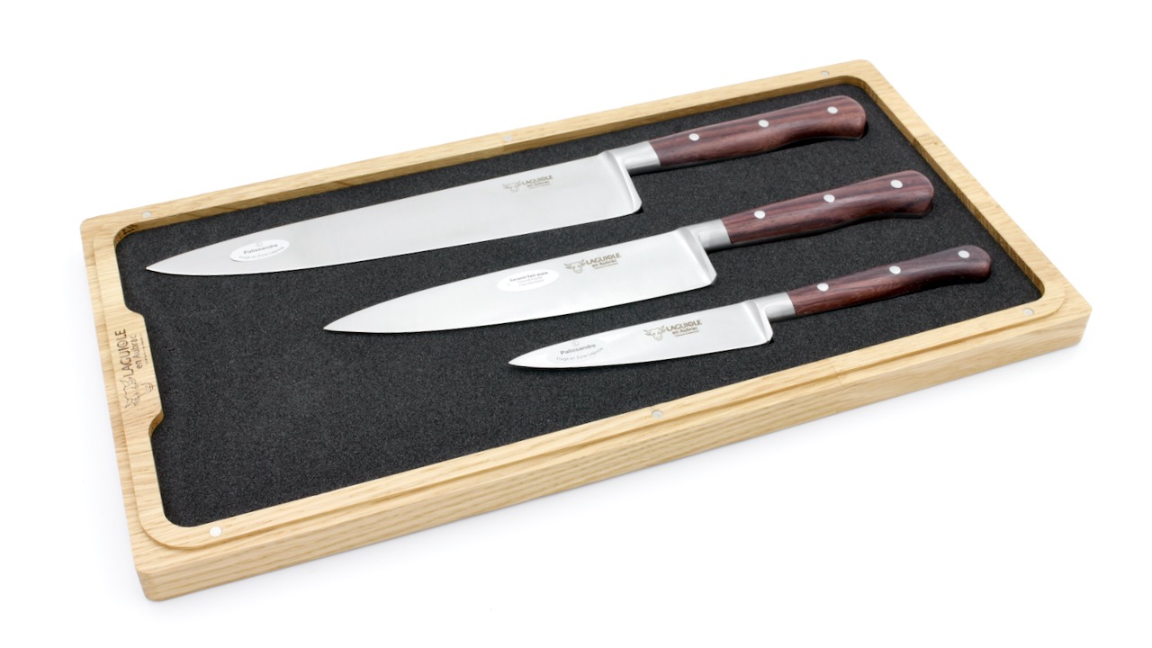 Laguiole en Aubrac Palisander wood Set of 3 kitchen knives 10 cm 15 cm 20 cm