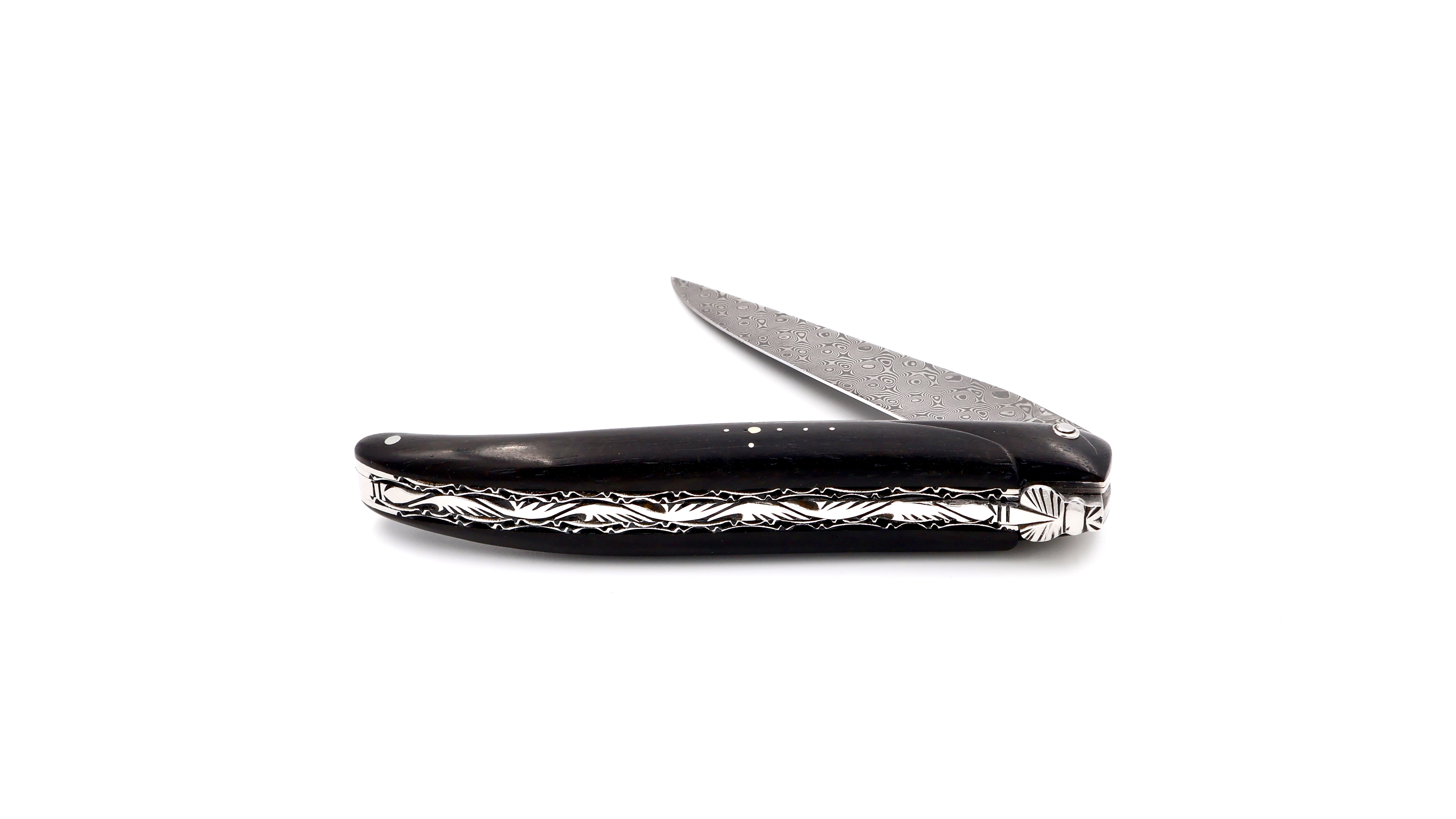 Laguiole en Aubrac damascus ebony full handle with double plates 12 cm shiny