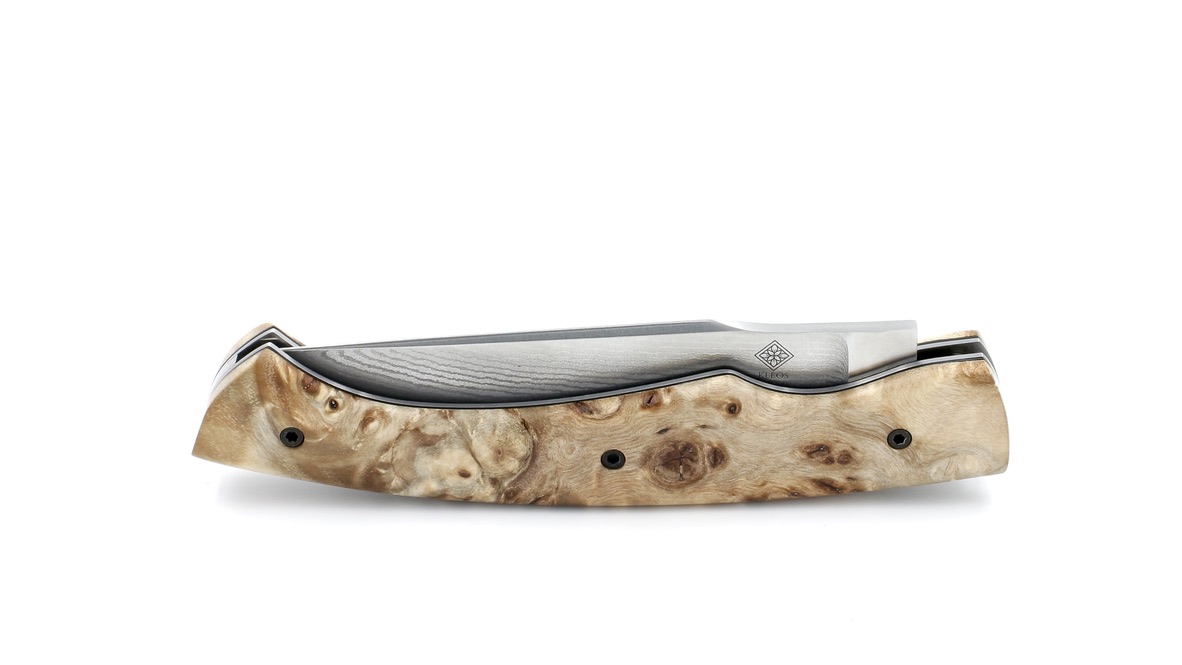 KLEOS folding knife LYKOS stabilzed poplar burl VG10 suminagashi damascus blade