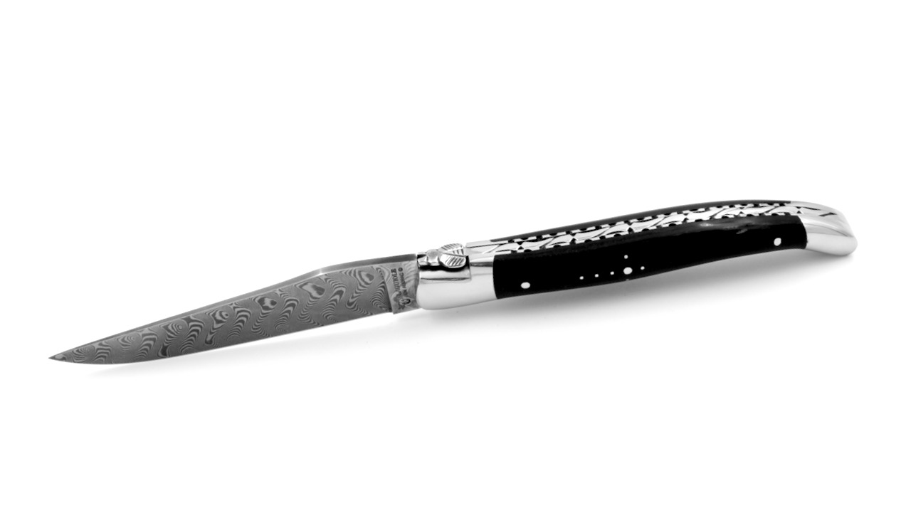 Laguiole en Aubrac  DSC® Carbon Damast Ebenholz poliert guillochierte Platine 12 cm