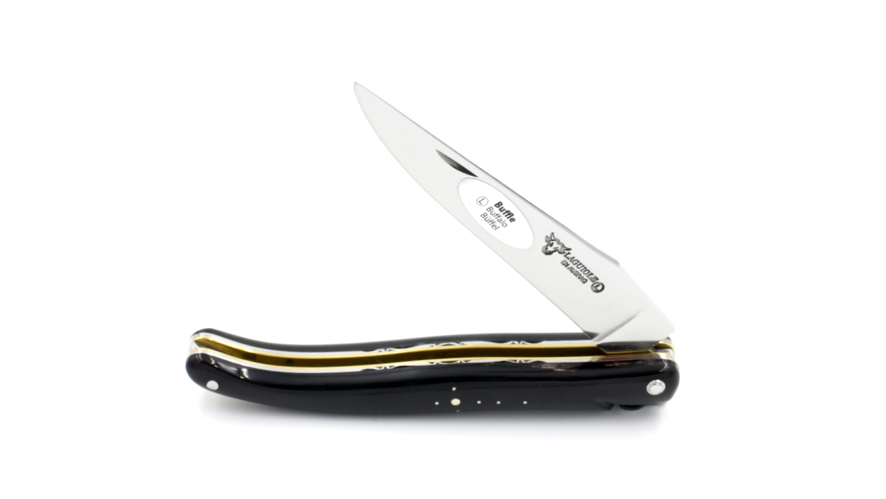 Laguiole en Aubrac double plates knife full handle with brass plates buffalo horn 12 cm