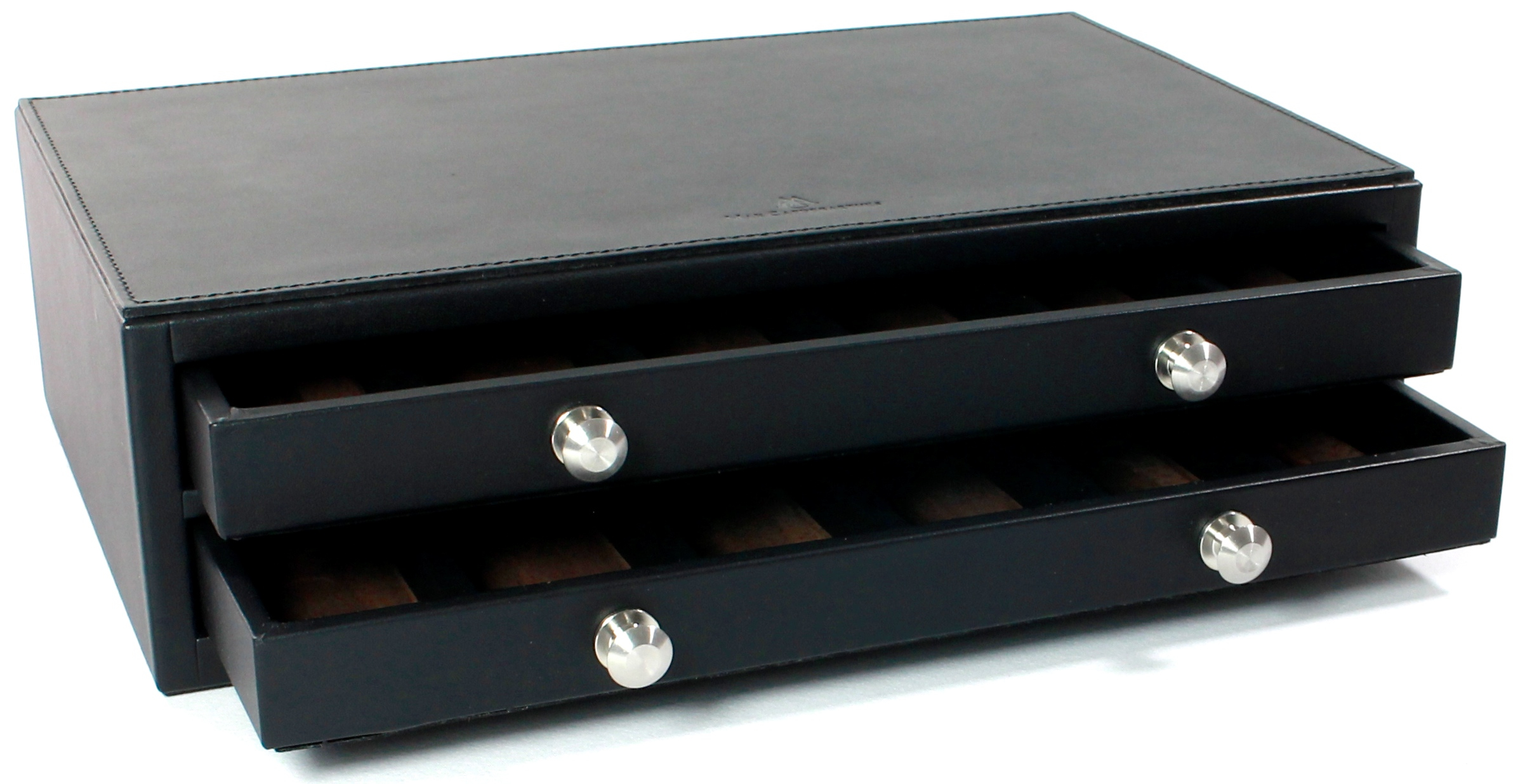 Sammelkastchen-noir-2-Schubl-alle-offenRRjnEfPU56EAm MAX CAPDEBARTHES leather casket for collectors 12 knives