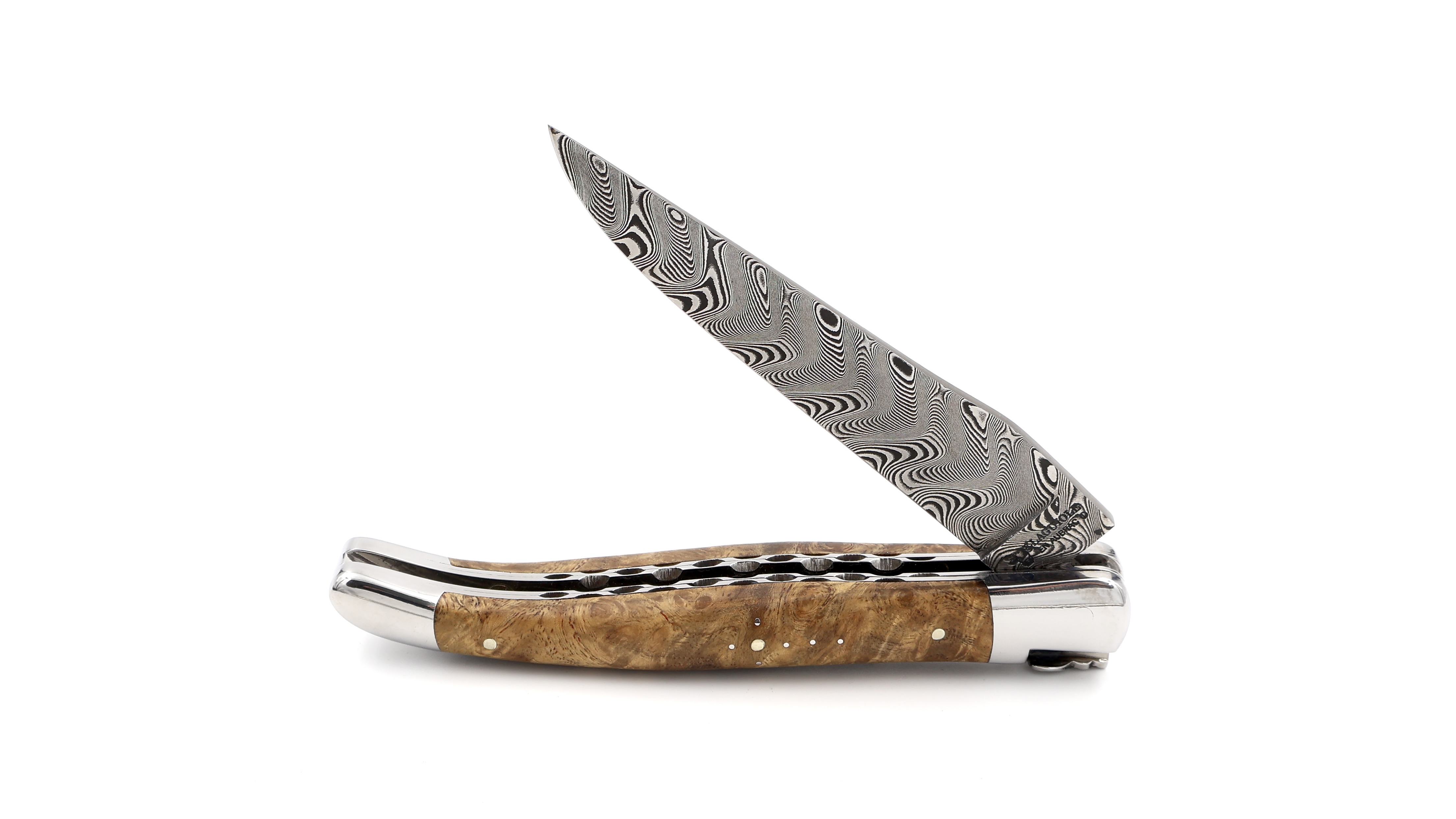 Laguiole en Aubrac damascus amboina burlwood shiny with double plates 12 cm