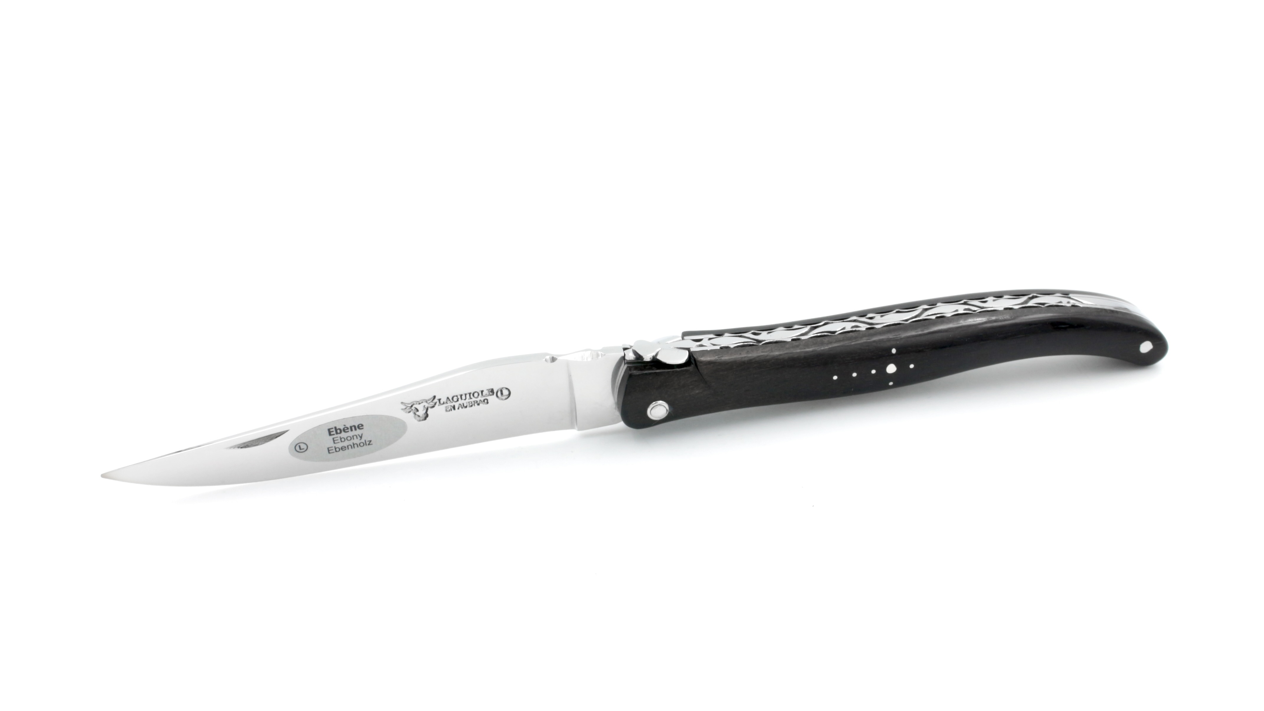 Laguiole en Aubrac ebony full handle chisled plates12 cm