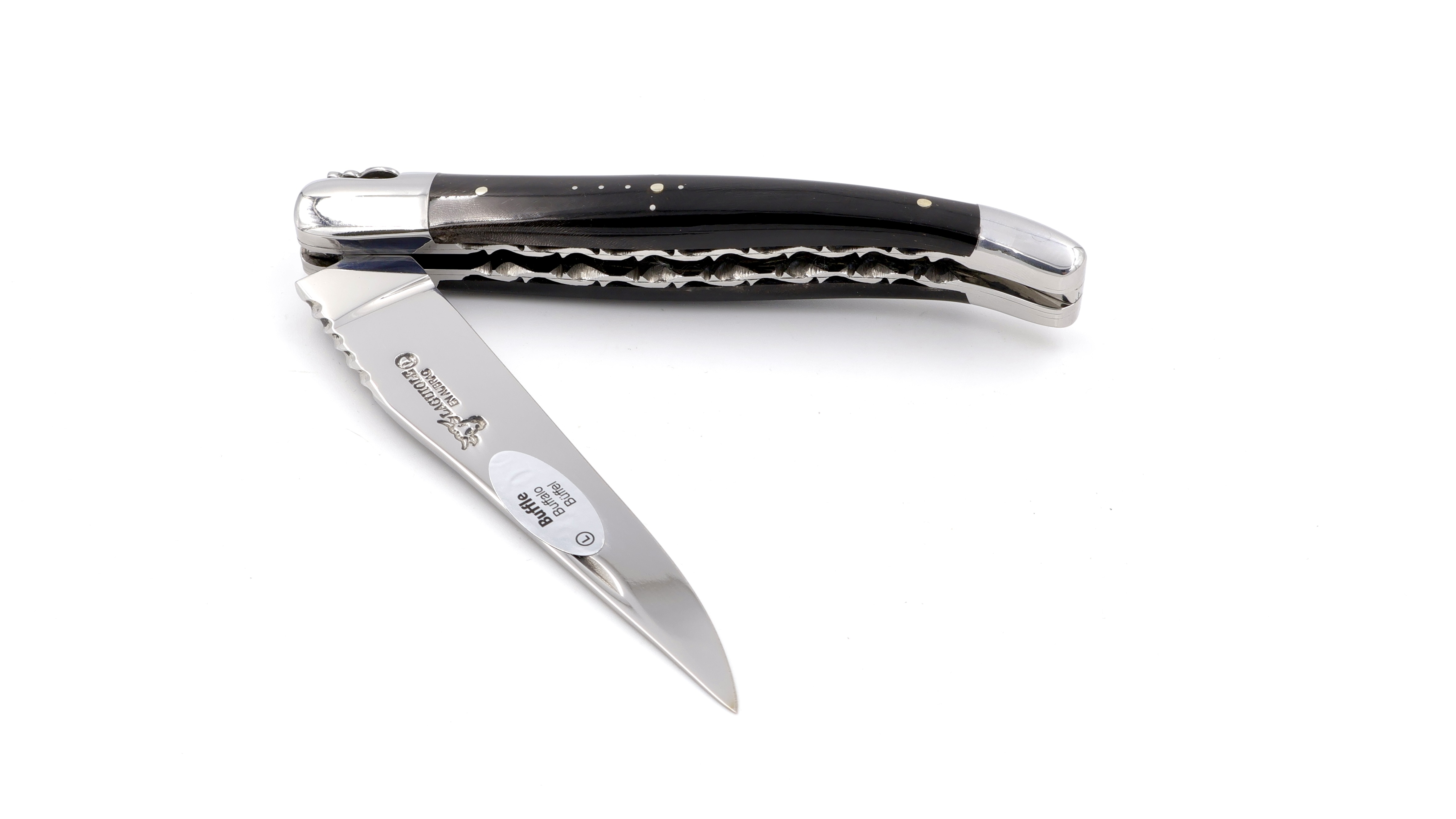 Laguiole en Aubrac double plate knife Spiral spring buffalo horn 12 cm