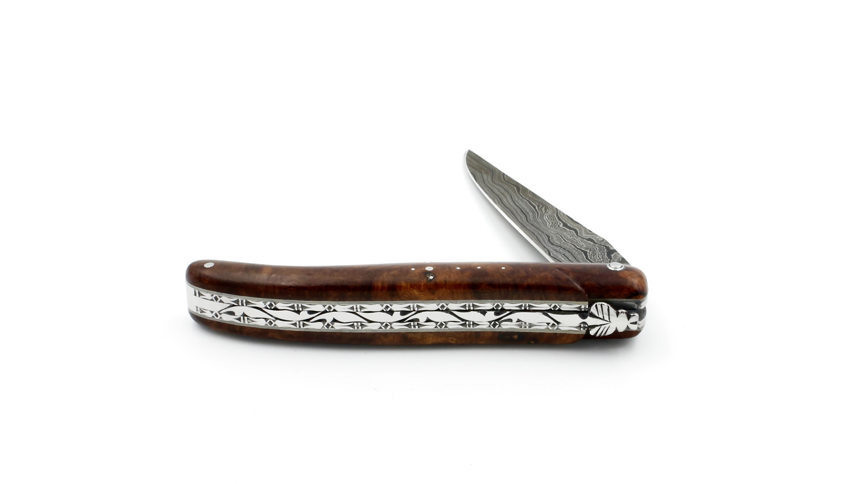 Laguiole en Aubrac Damast Wüsteneisenholz Wurzel massiv Doppelplatine 12 cm
