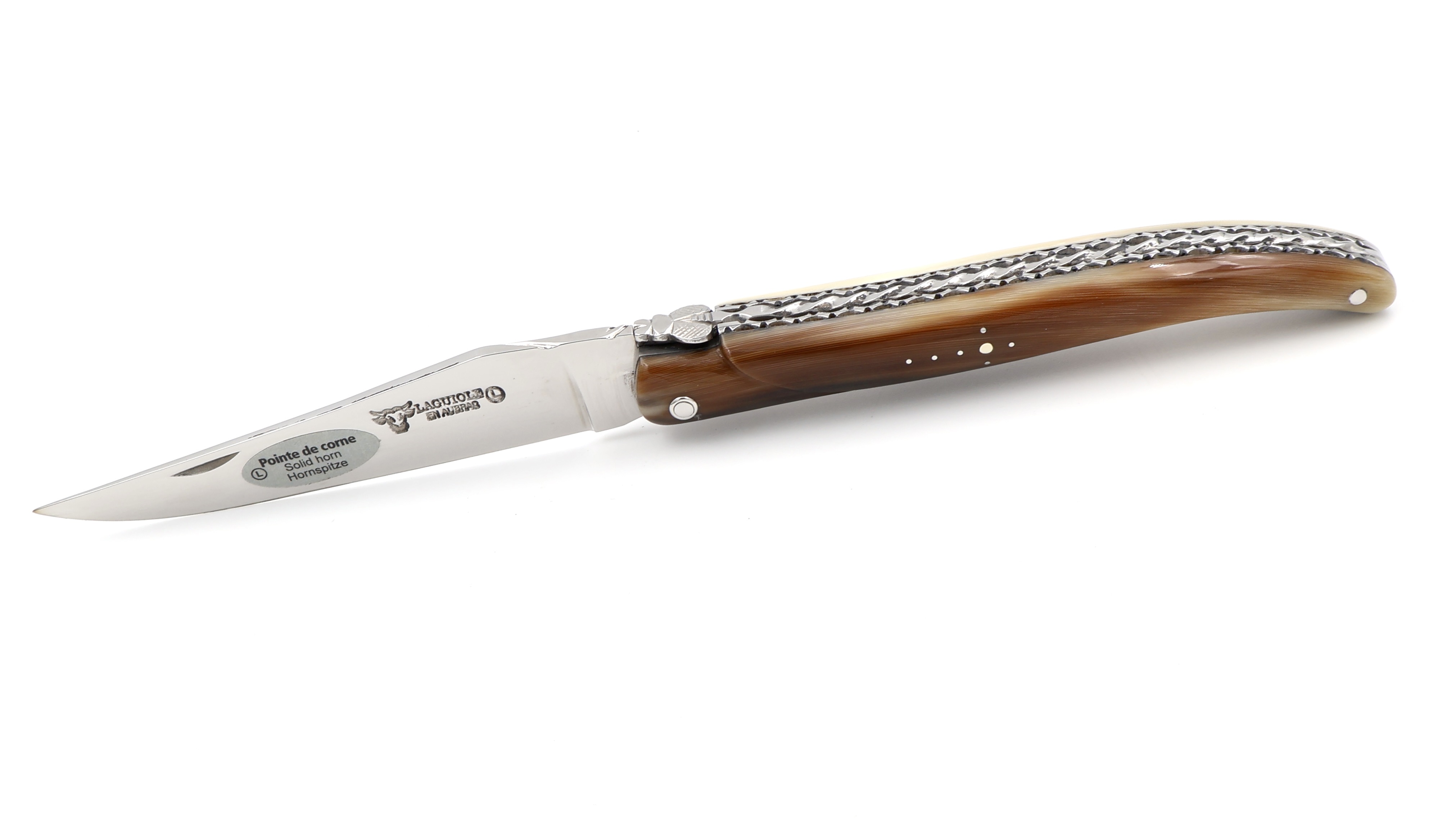 Laguiole en Aubrac Spiralfeder geflammte Hornspitze massiv Doppelplatine 12 cm 