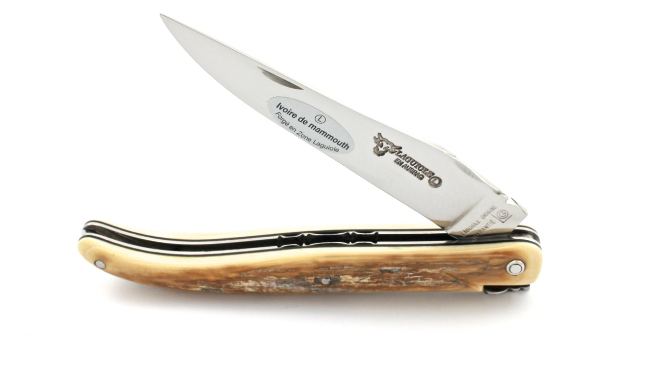 Laguiole en Aubrac Mammutelfenbein Kruste massiv guillochierte Platine 12 cm