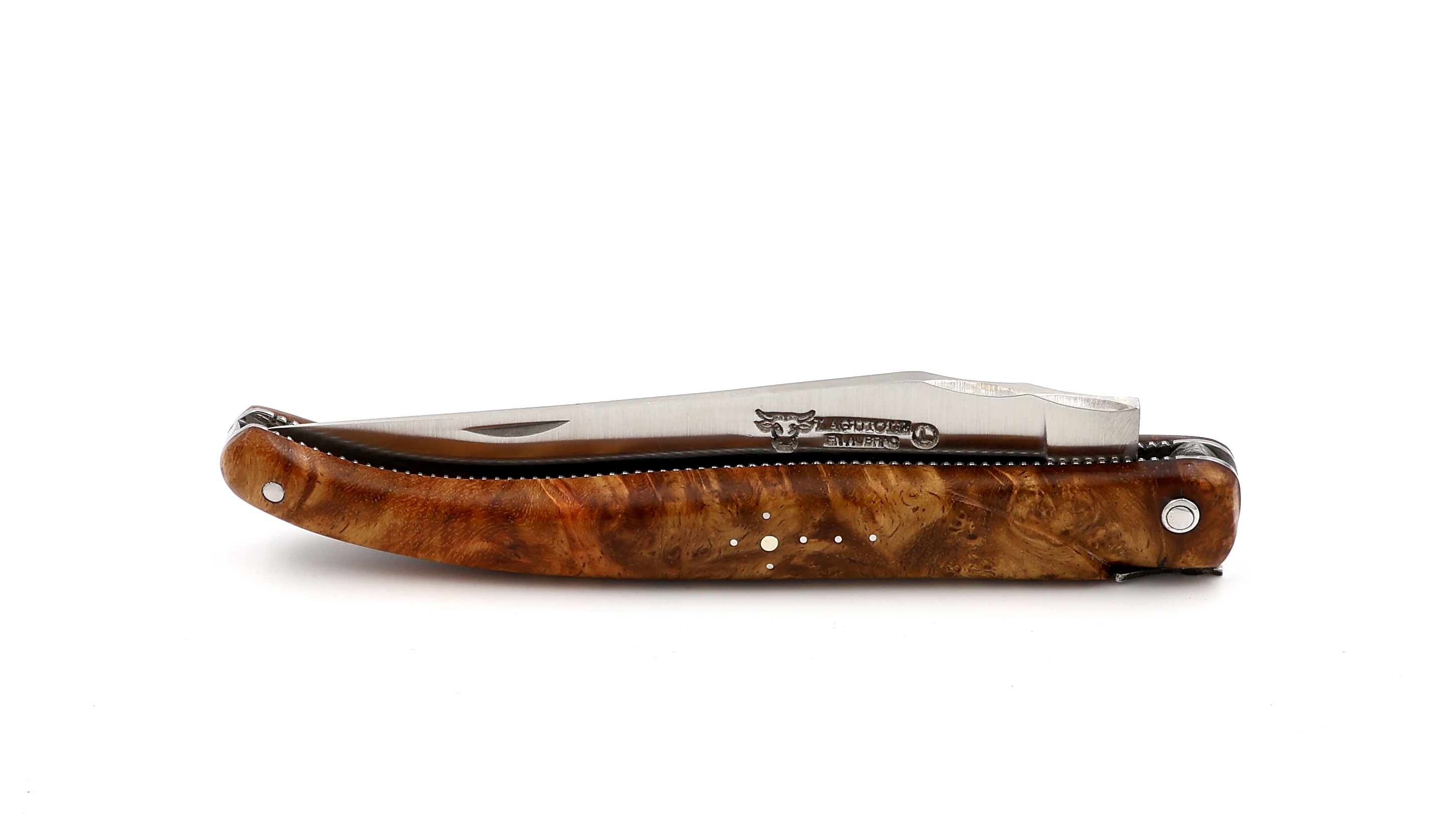 Laguiole en Aubrac Meisterstück Perle Gold Amboina Wurzelholz guillochiert massiver Griff 12 cm