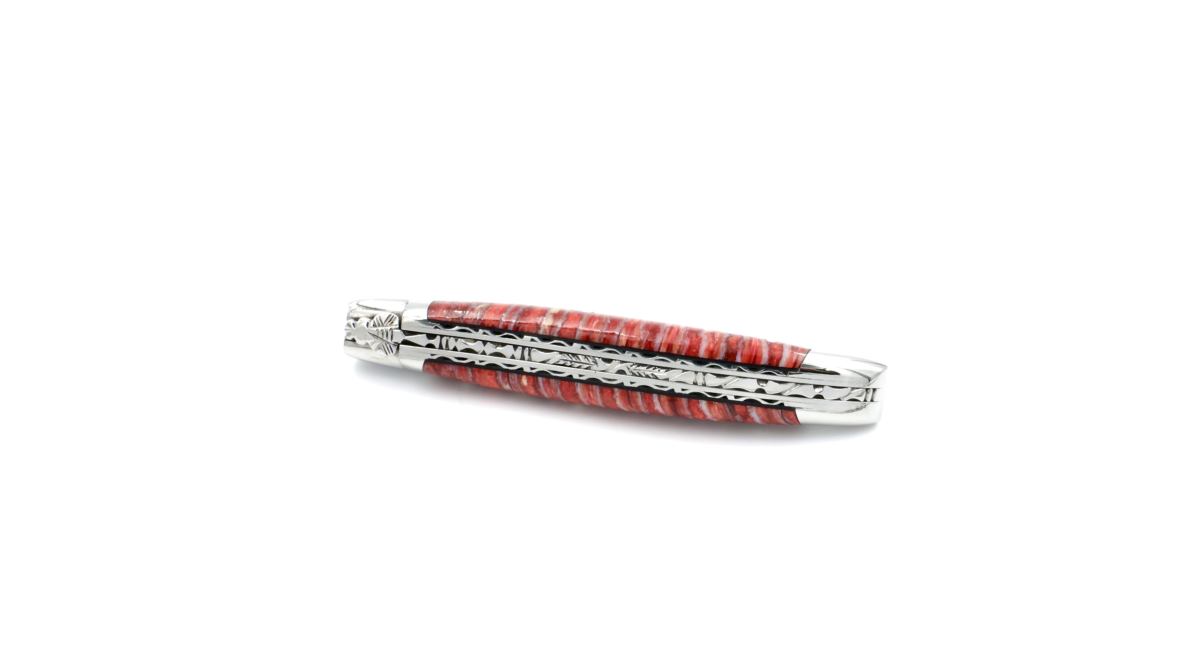Laguiole en Aubrac double plate knife damascus mammoth tusk red 12 cm