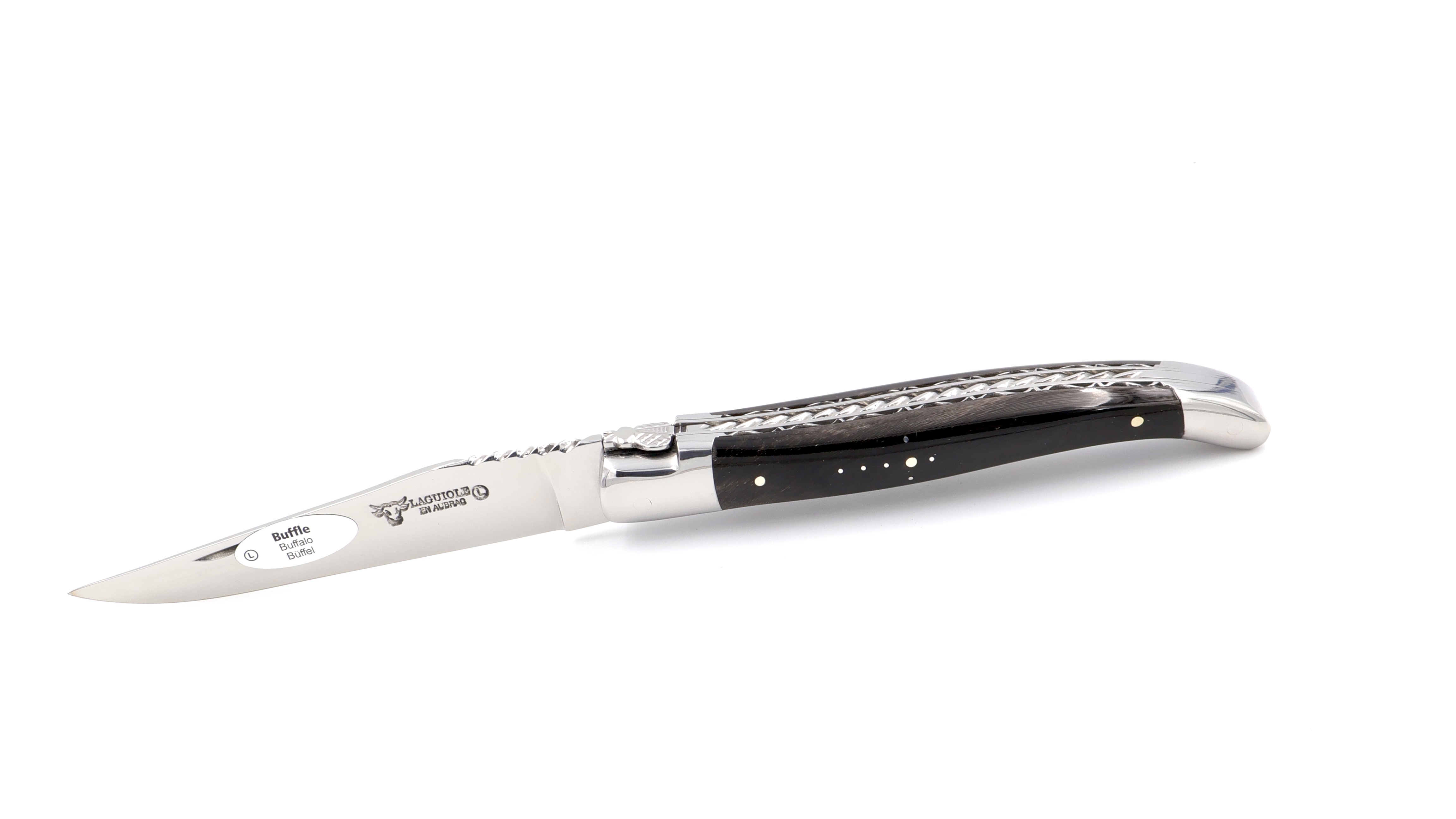 Laguiole en Aubrac double plate knife Spiral spring buffalo horn 12 cm