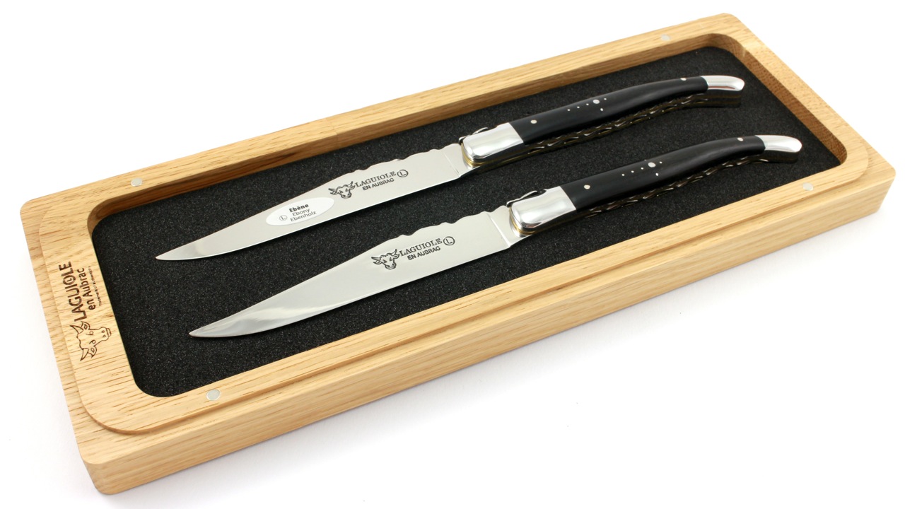 Steakmesser-DP-Ebenholz-poliert Laguiole en Aubrac Laguiole Doppelplatinen Steakmesser Ebenholz Set 2-tlg. poliert