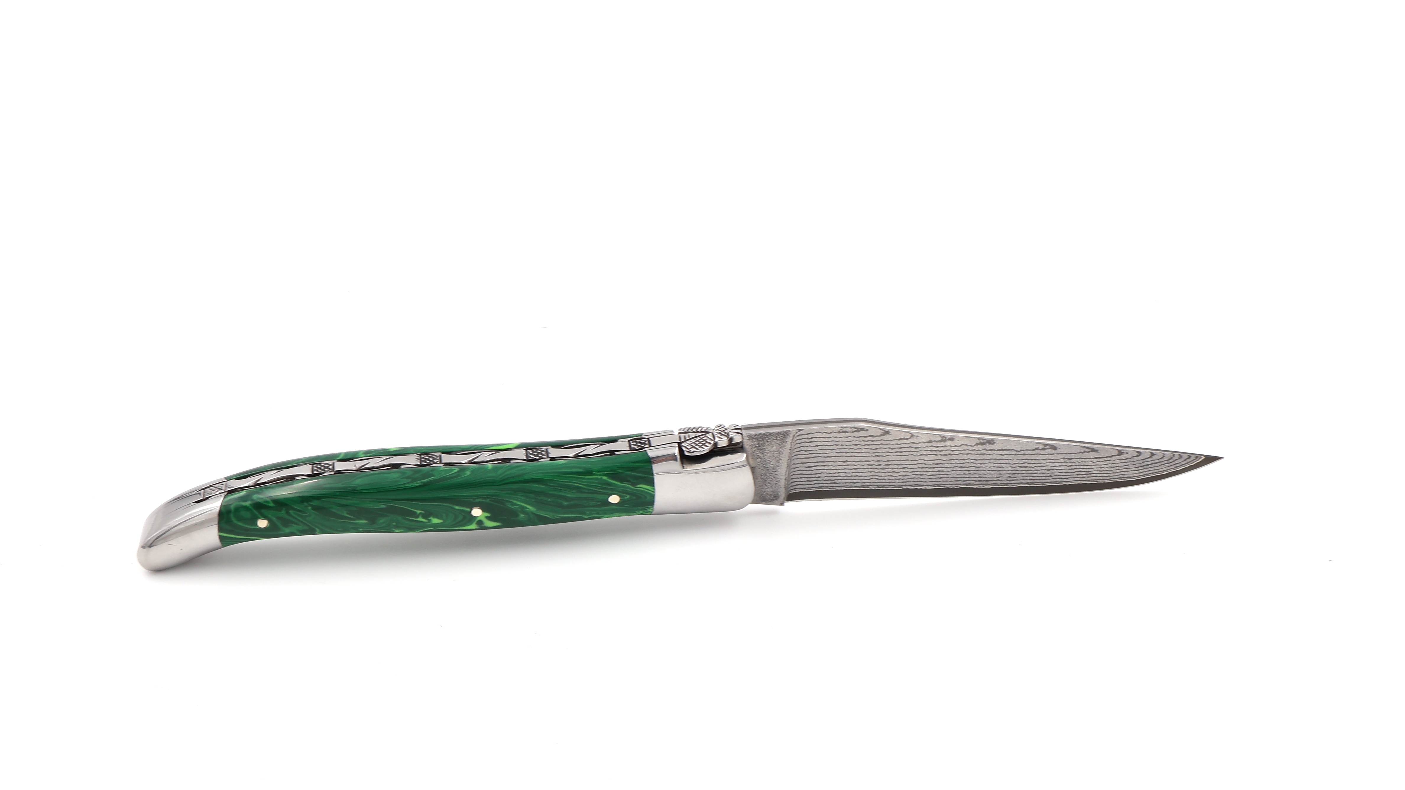 Laguiole en Aubrac knife jap. damascus Malachit with chiseled plates 12 cm Laguiole en Aubrac knife jap. damascus Malachit with chiseled plates 12 cm