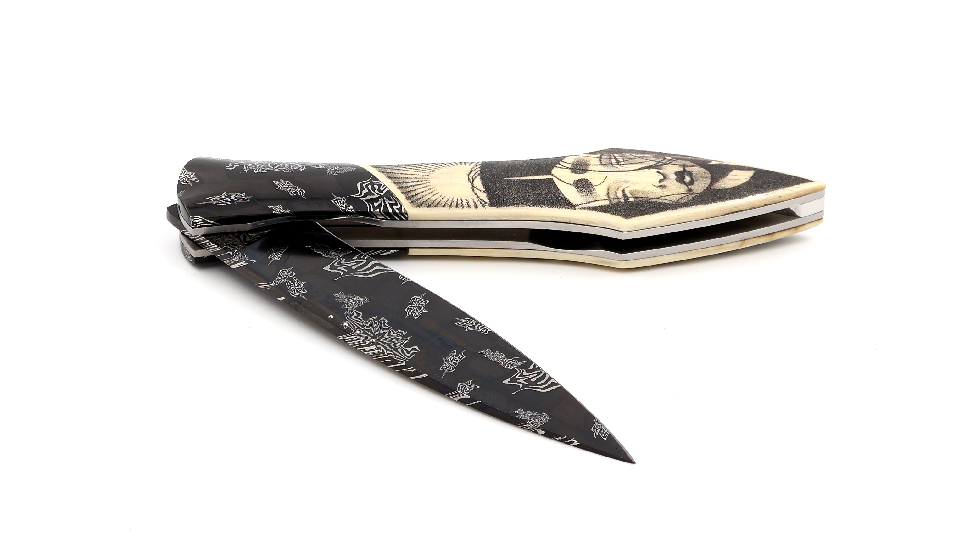 Laraud Blades L’Oegopsyde mammoth ivory scrimshaw mosaik-damscus