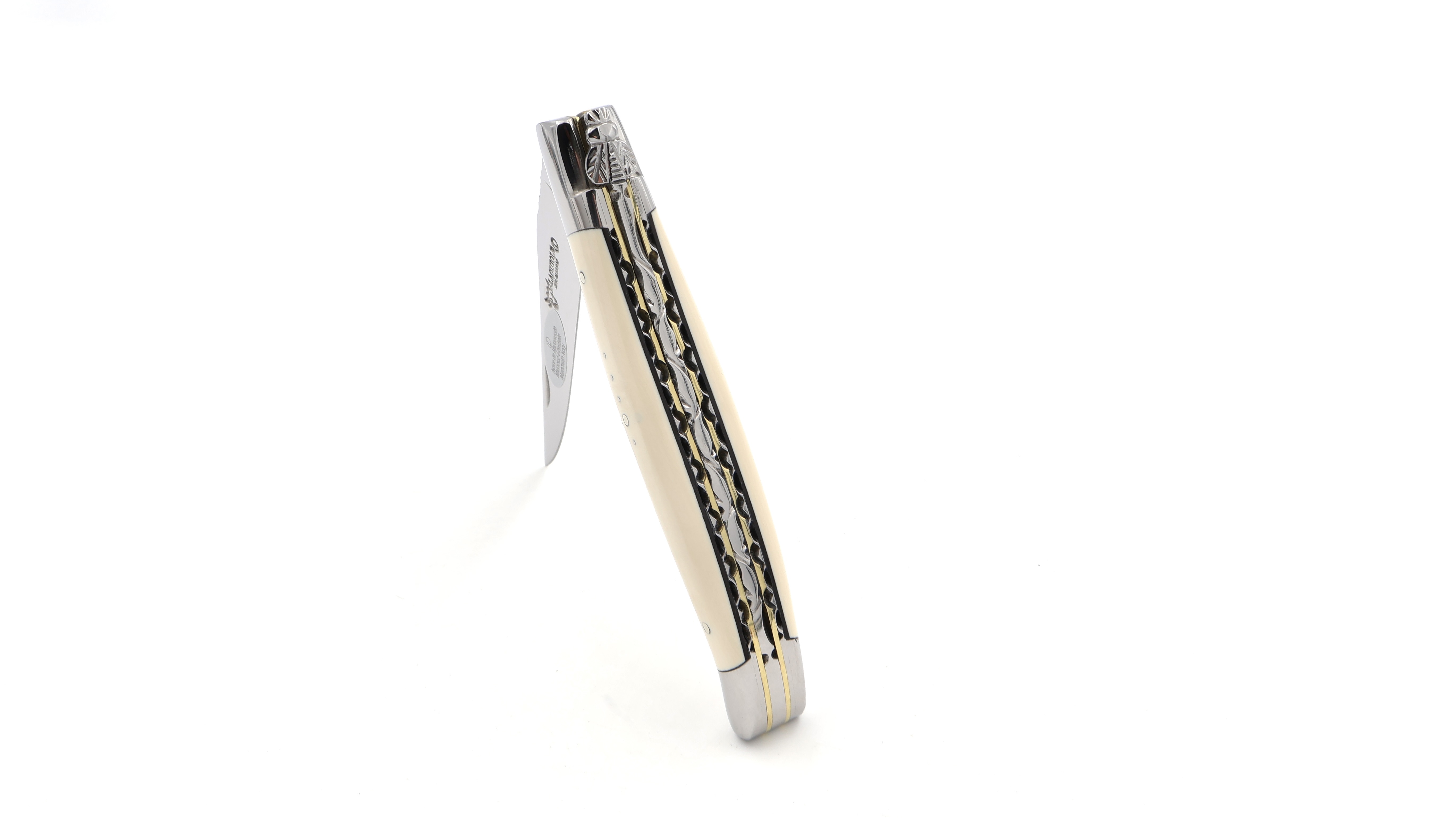 Laguiole en Aubrac double plate knife Mammoth ivory with brass plates 12 cm