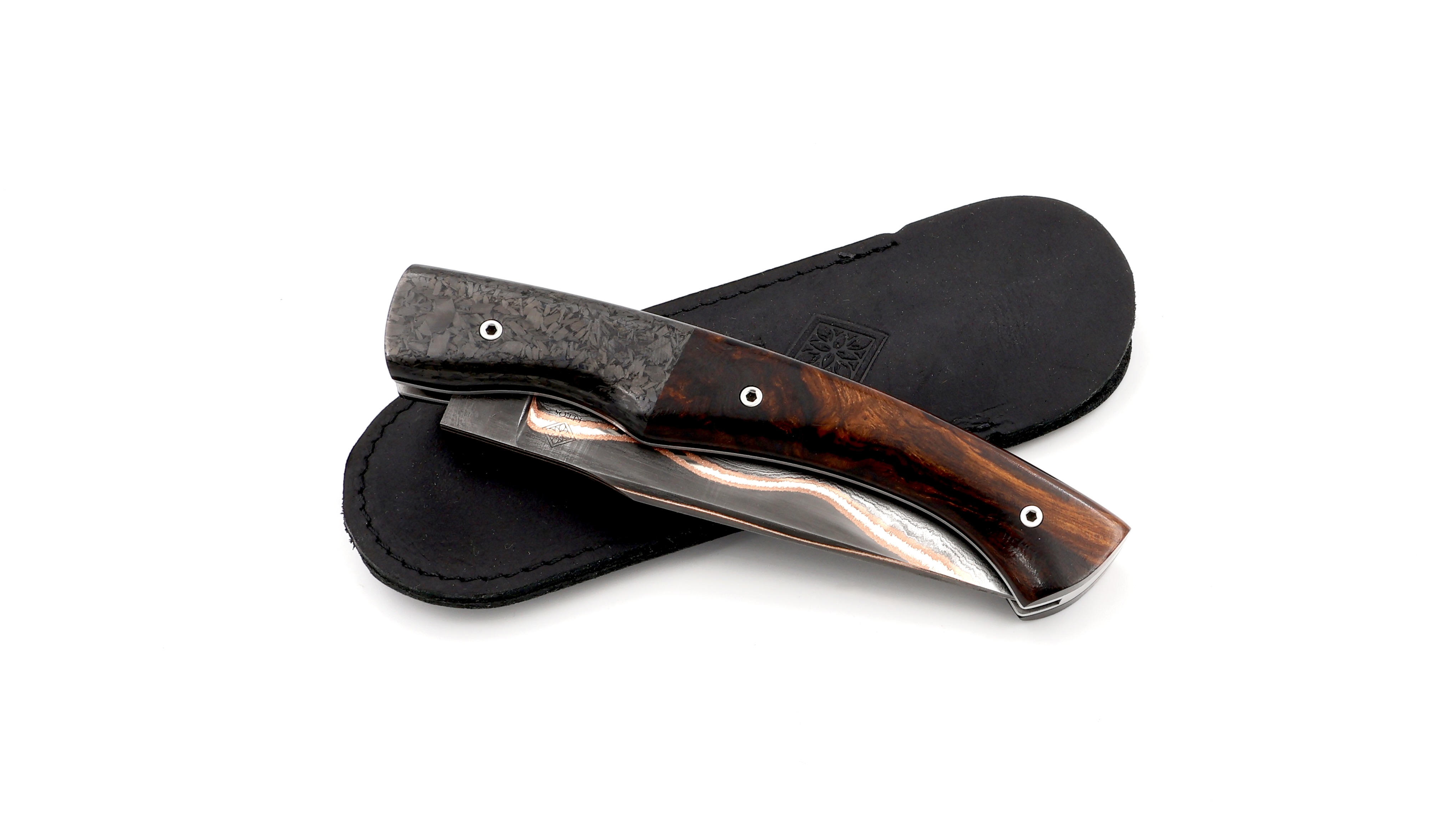 KLEOS folding knife LYKOS burl of iron wood/carbonfiber Volcanic River damascusblade Baker Forge