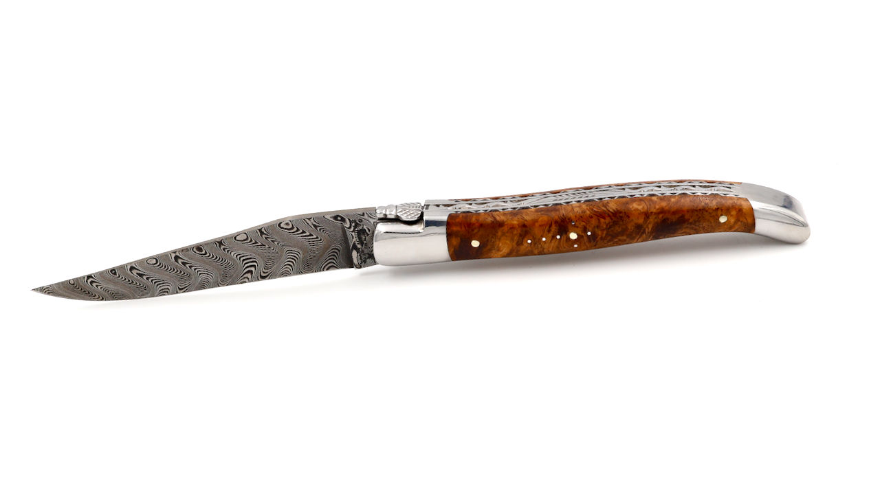 Laguiole en Aubrac damascus amboina burlwood shiny with double plates 12 cm