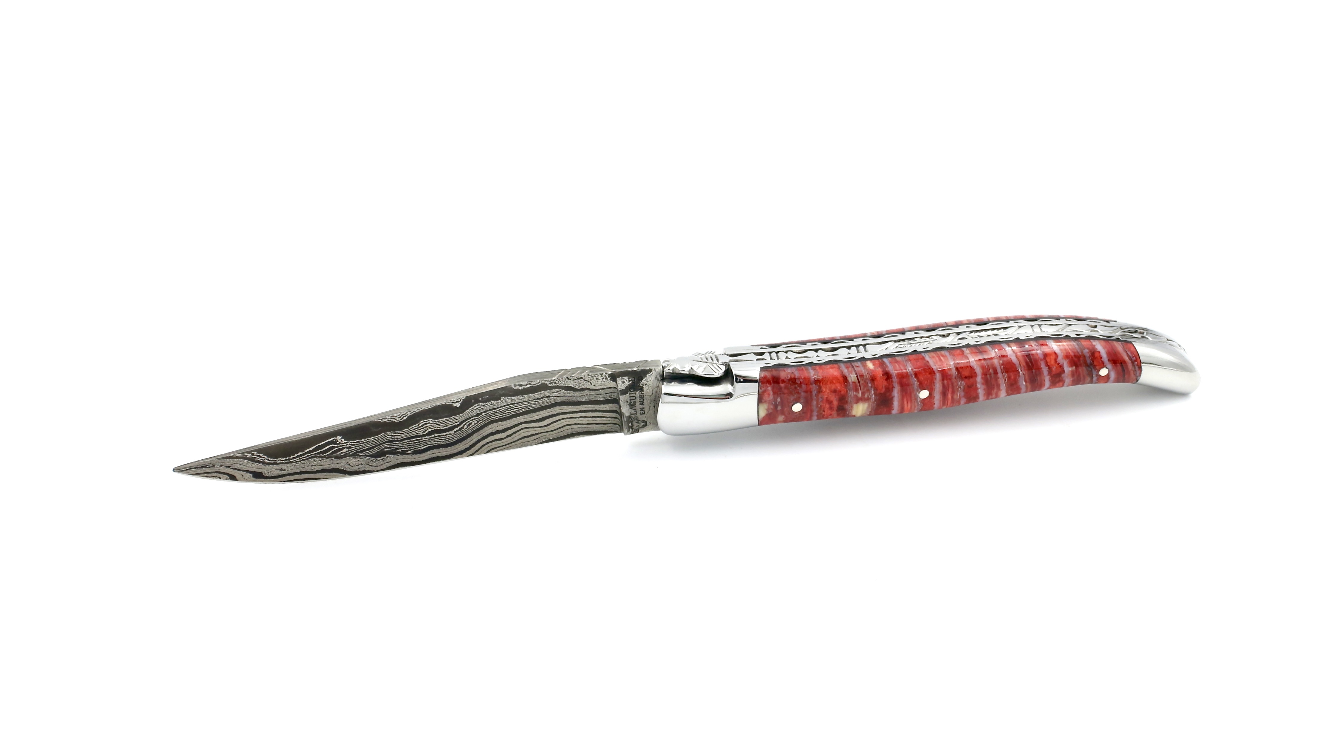 Laguiole en Aubrac double plate knife damascus mammoth tusk red 12 cm