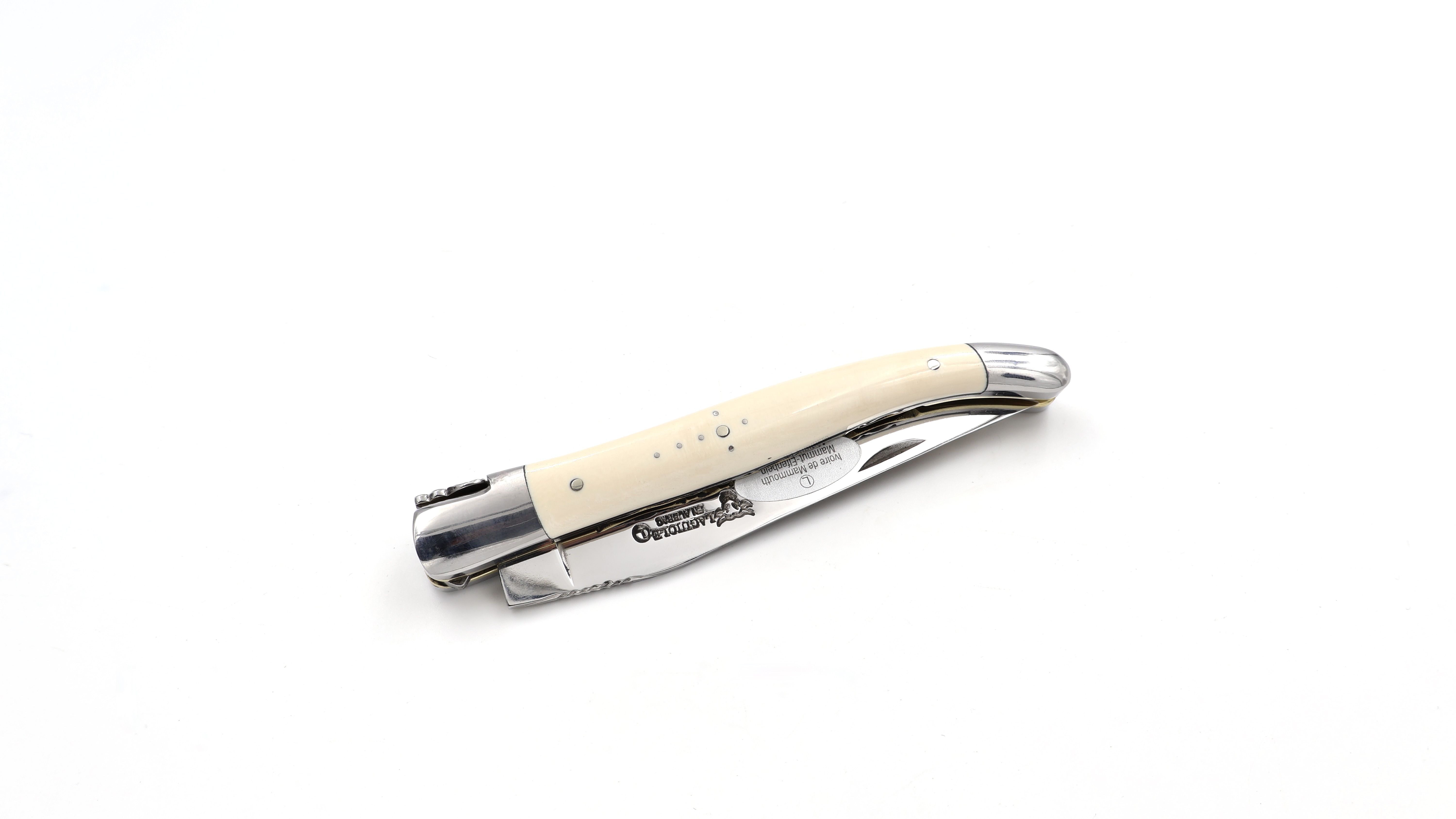 Laguiole en Aubrac double plate knife Mammoth ivory with brass plates 12 cm