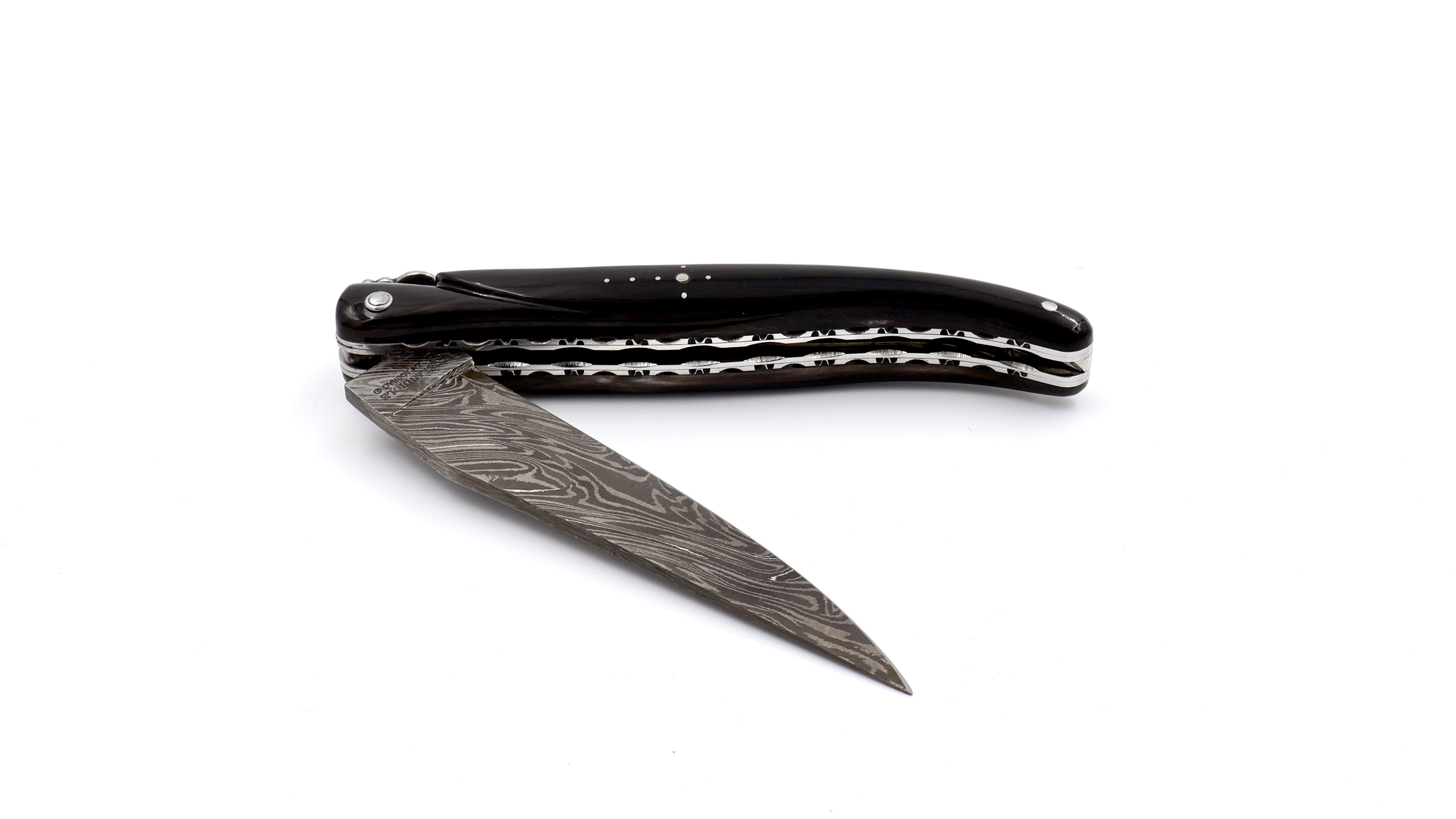 Laguiole en Aubrac Explosionsdamast Spiralfeder Büffelhorn massiv Doppelplatine 12 cm