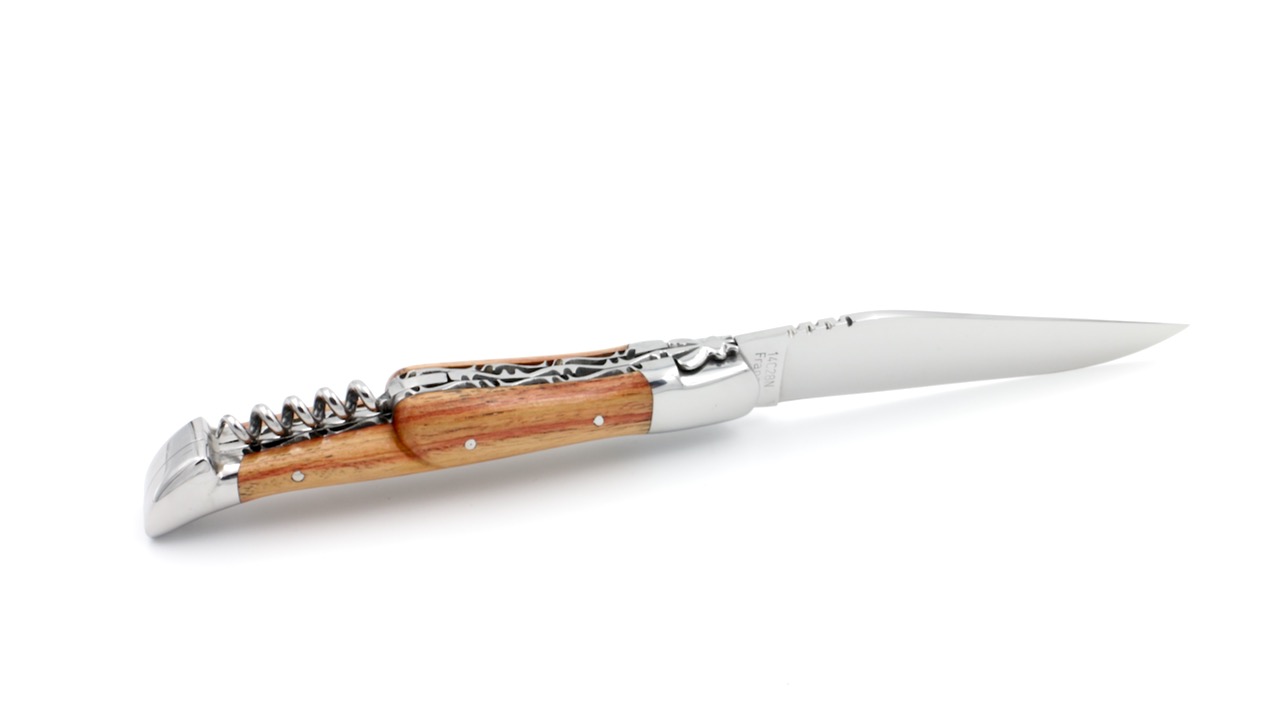 Honoré Durand Laguiole knife Prestige doubleplates with corkscrew rose wood shiny 14C28 12 cm