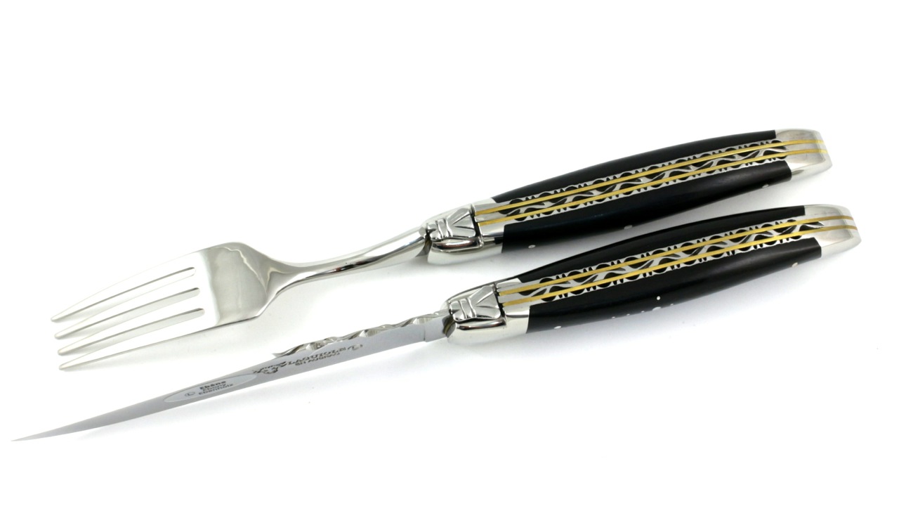 Laguiole en Aubrac 1 double plate steak knife + 1 fork  set ebony